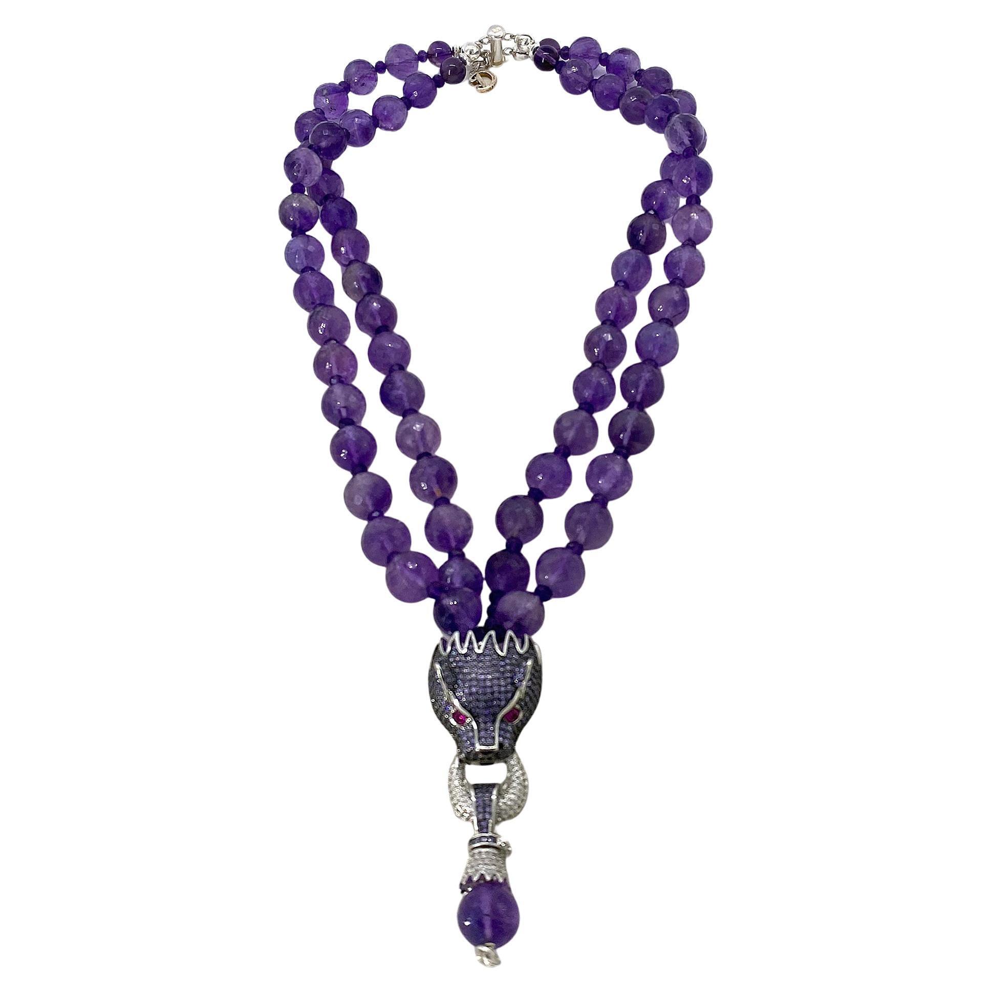 Faceted Translucent Amethyst Double Strand Necklace with Dragon Pendant For Sale