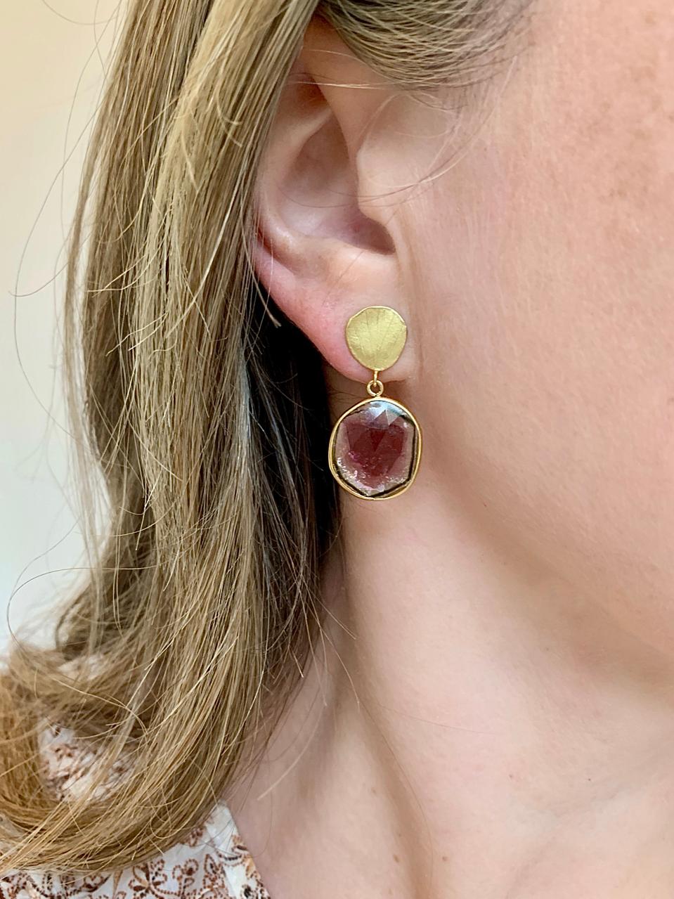 Petal Top Earrings hand-fabricated by acclaimed, award-winning jewelry maker Barbara Heinrich showcasing a spectacular matched pair of rose-cut watermelon tourmaline totaling 11.26 carats bezel-set in high-polished 18k yellow gold hangling