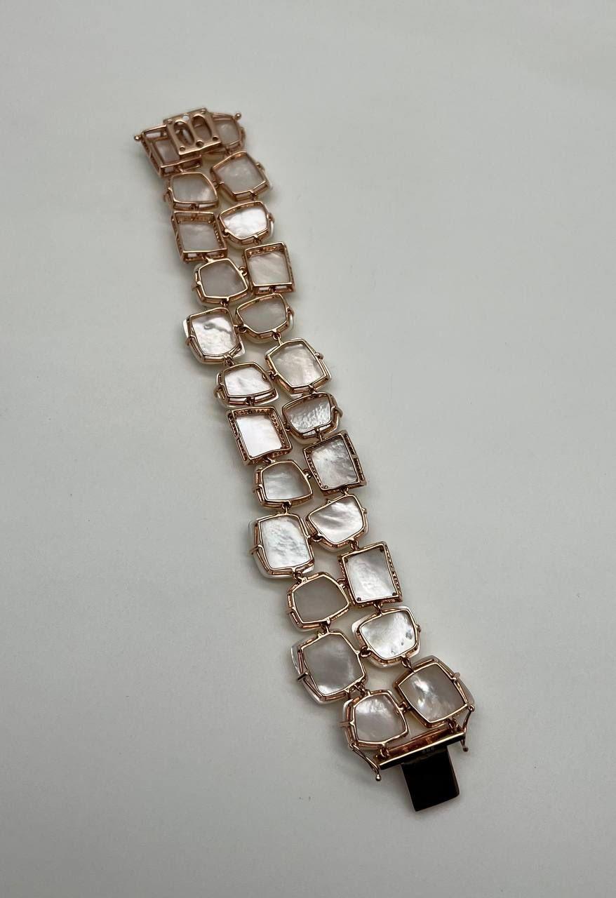 Facettiertes weißes Perlmutt Diamanten Halo Statement 14K R Gold Armspange Armband im Angebot 5
