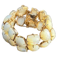 Faceted White Mother of Pearl Diamonds Halo Statement 14K R Gold Bangle Bracelet