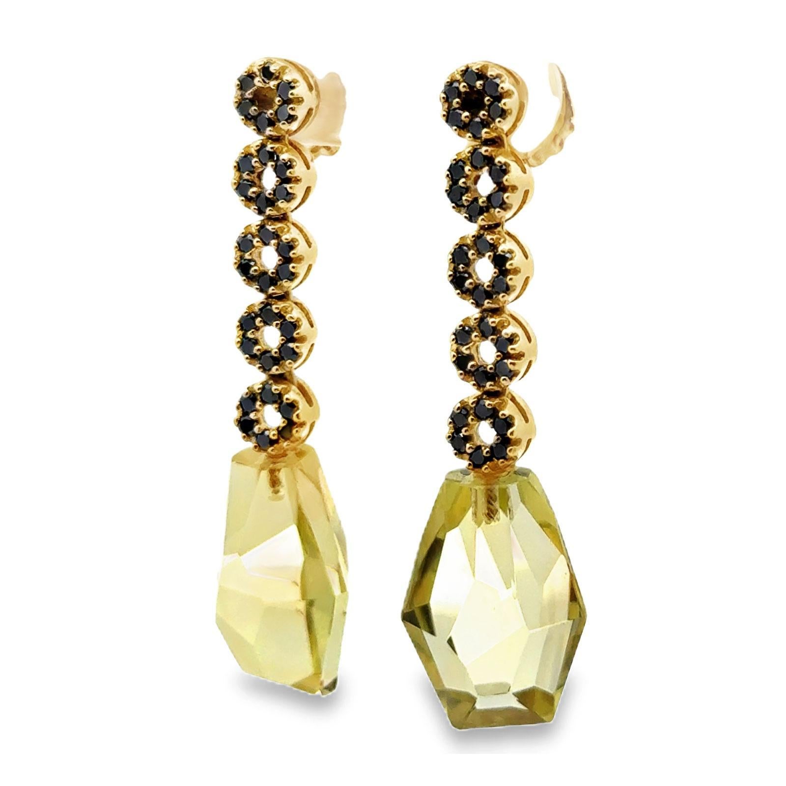 Facettierter gelber Quarz Edelstein Schwarzer Diamant 18 Karat Gelbgold Tropfenohrringe (Moderne)