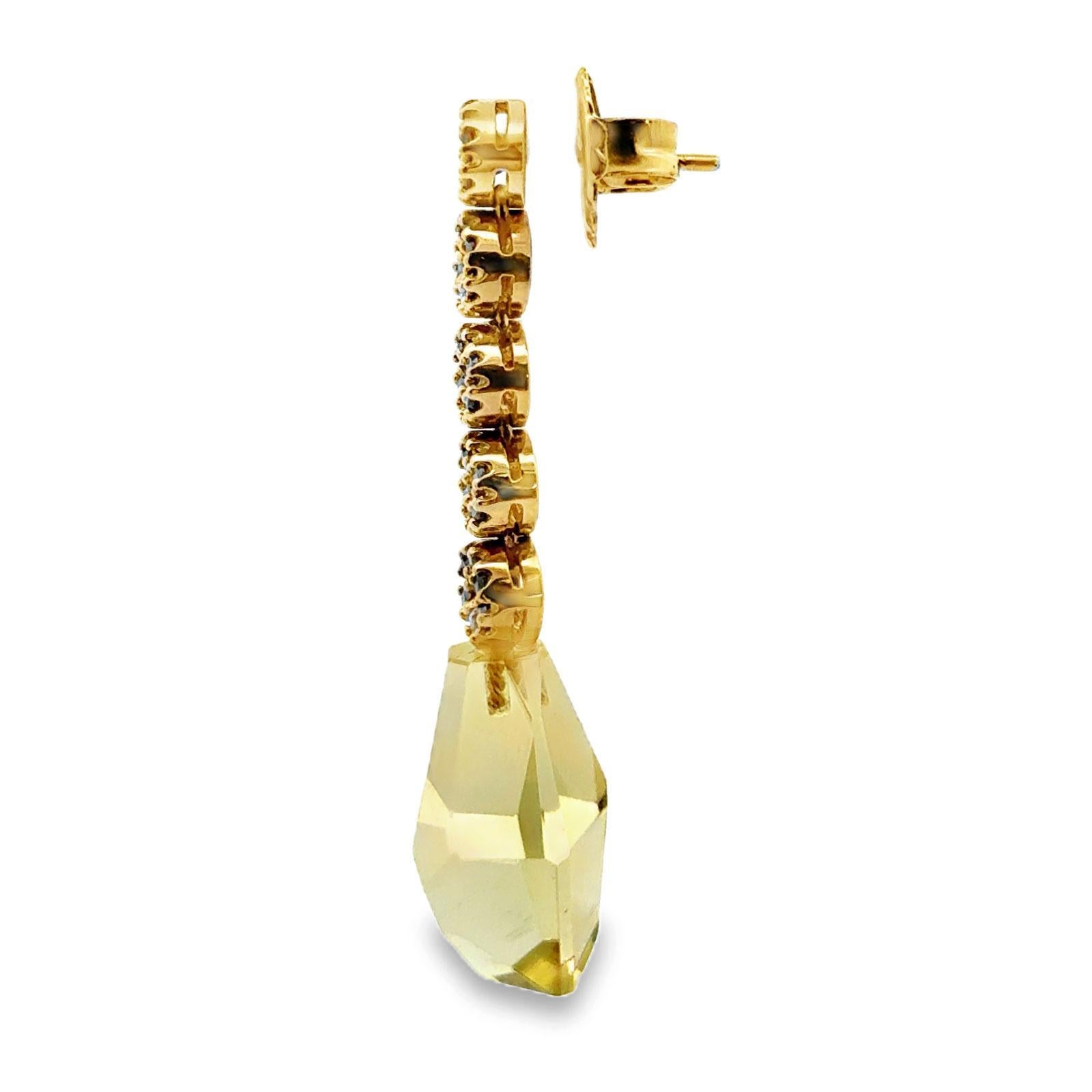 Facettierter gelber Quarz Edelstein Schwarzer Diamant 18 Karat Gelbgold Tropfenohrringe im Zustand „Neu“ in Boca Raton, FL