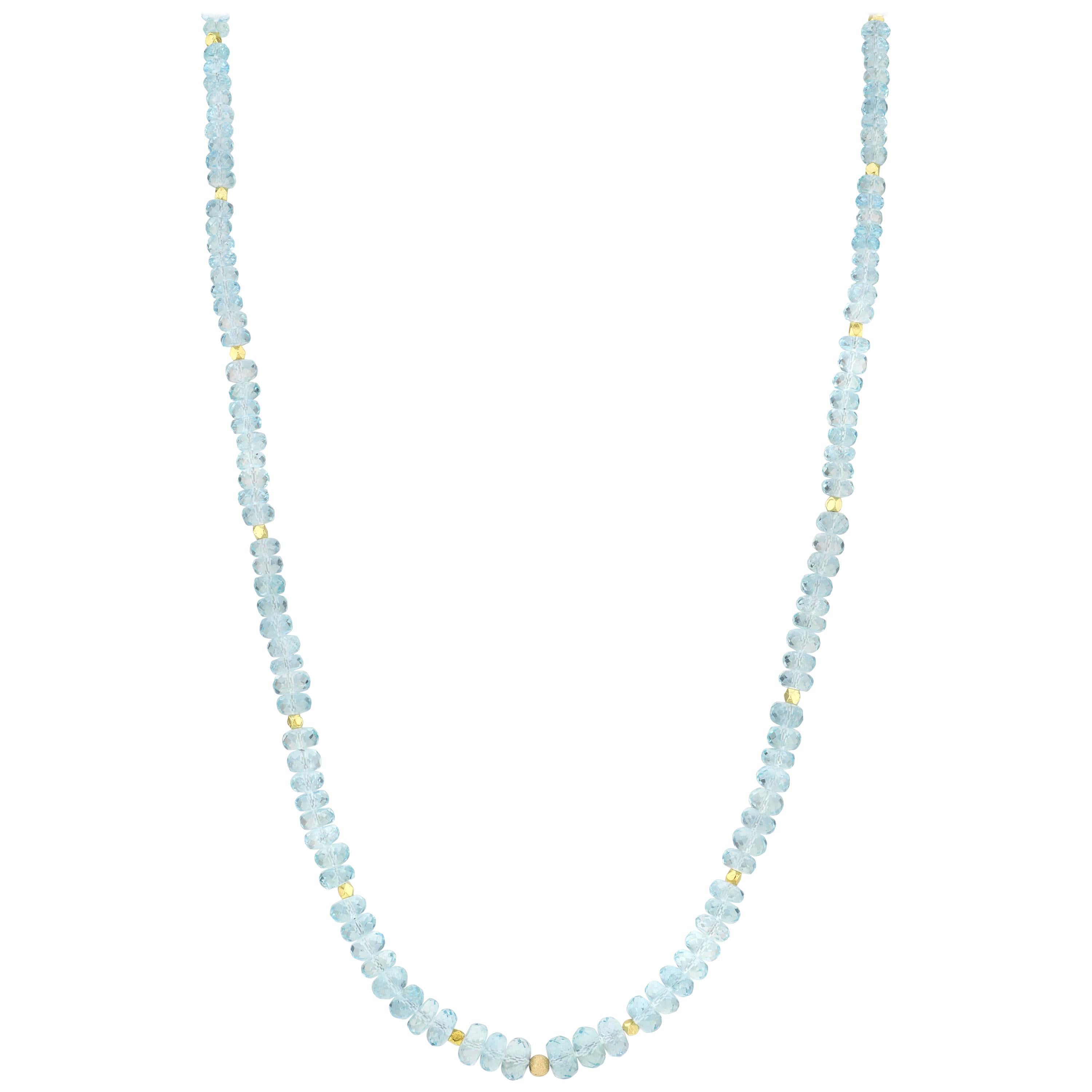 18-Inch Faceted Aquamarine Rondelle Bead Necklace Strand Yellow Gold Accents