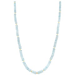 18-Inch Faceted Aquamarine Rondelle Bead Necklace Strand Yellow Gold Accents