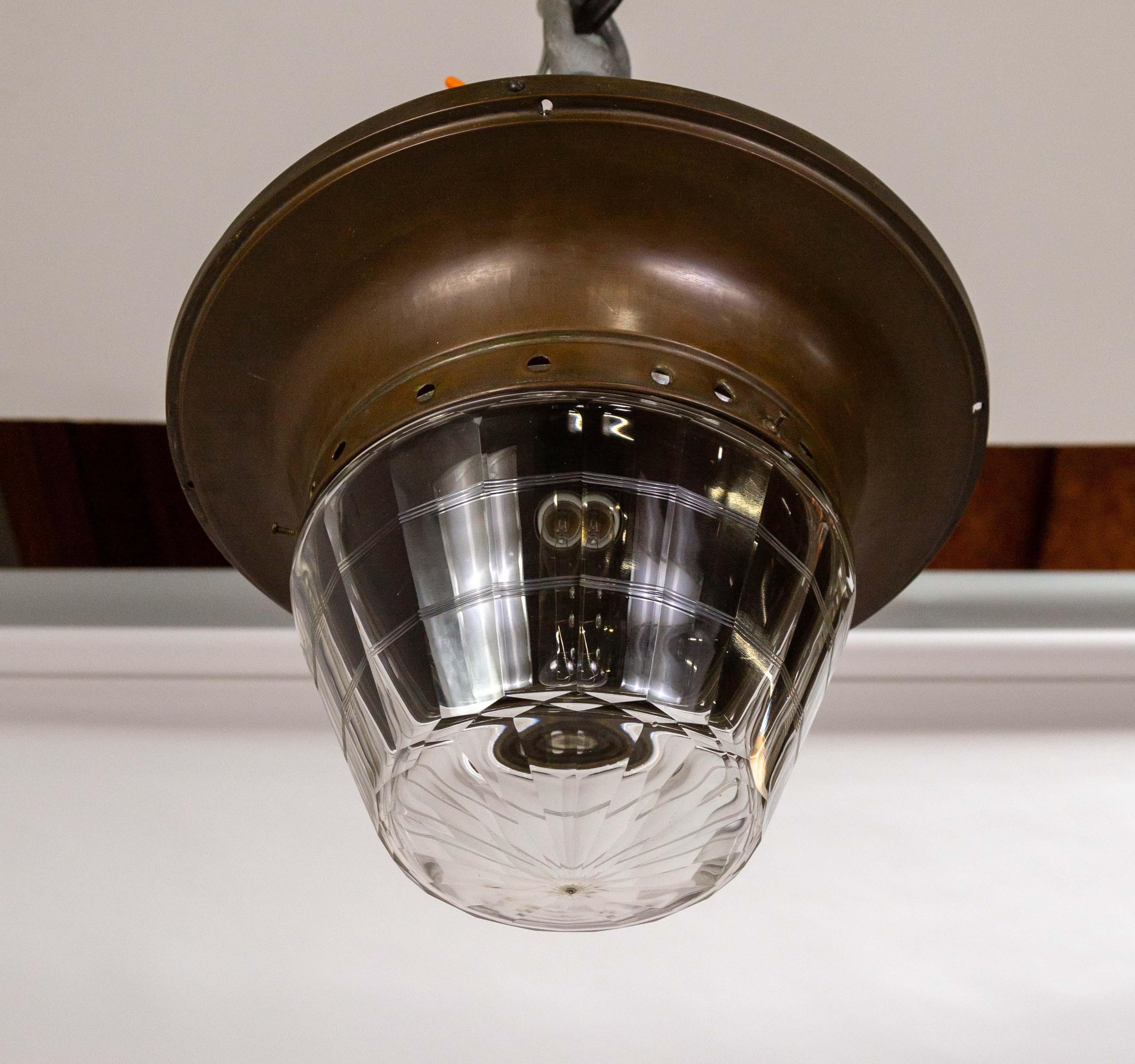 Early 20th Century Facetted Flush Mount Light w/ Cut Glass Banding For Sale