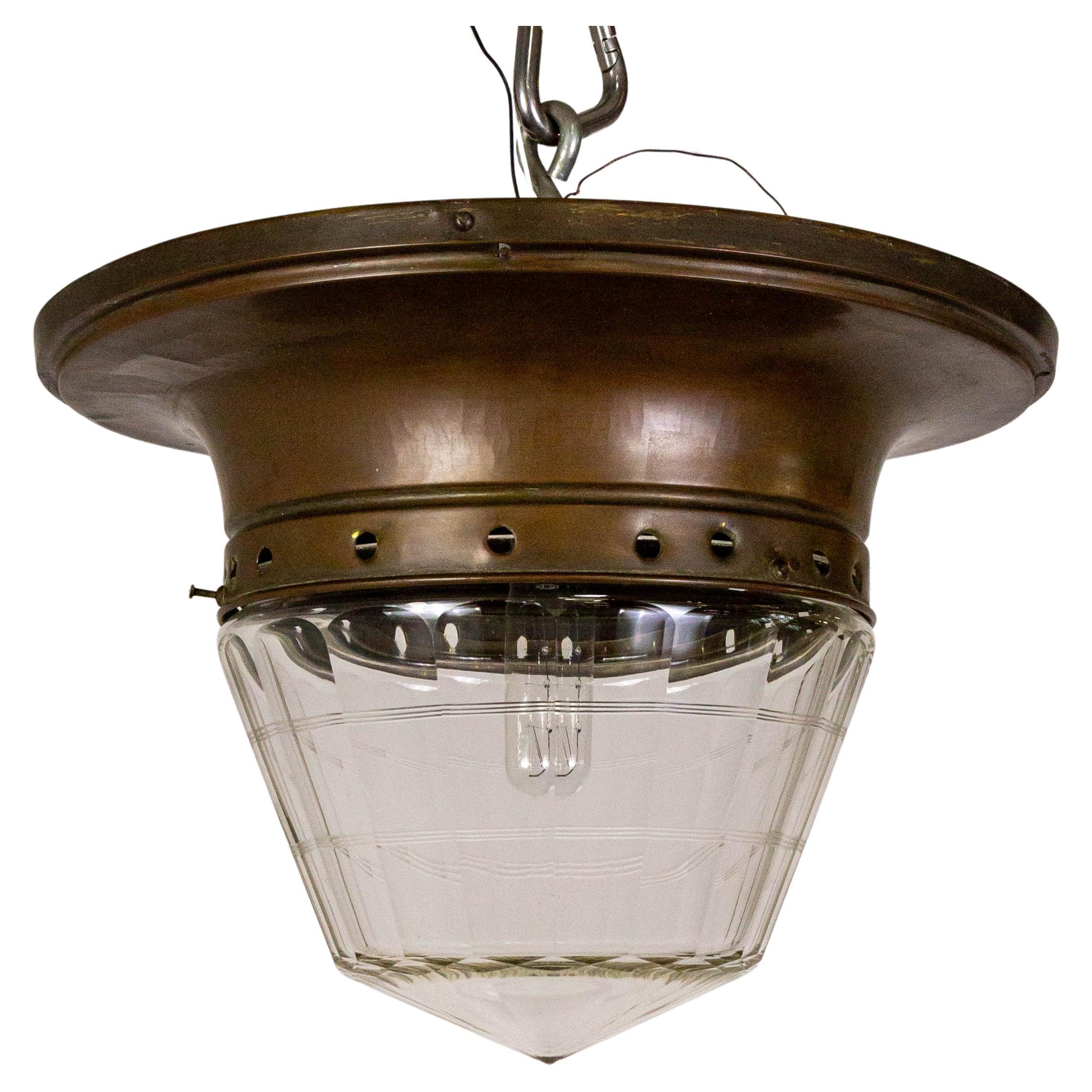 Facetted Flush Mount Light w/ Cut Glass Banding For Sale