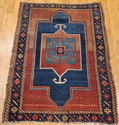 19th Century Caucasian Fachralo Kazak Prayer Area Rug in Persimmon, Navy, Blue