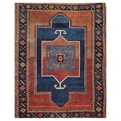 Fachralo Kazak-Gebetteppich aus dem 19. Jahrhundert in Persimmon-Tönen, Marineblau, Blau