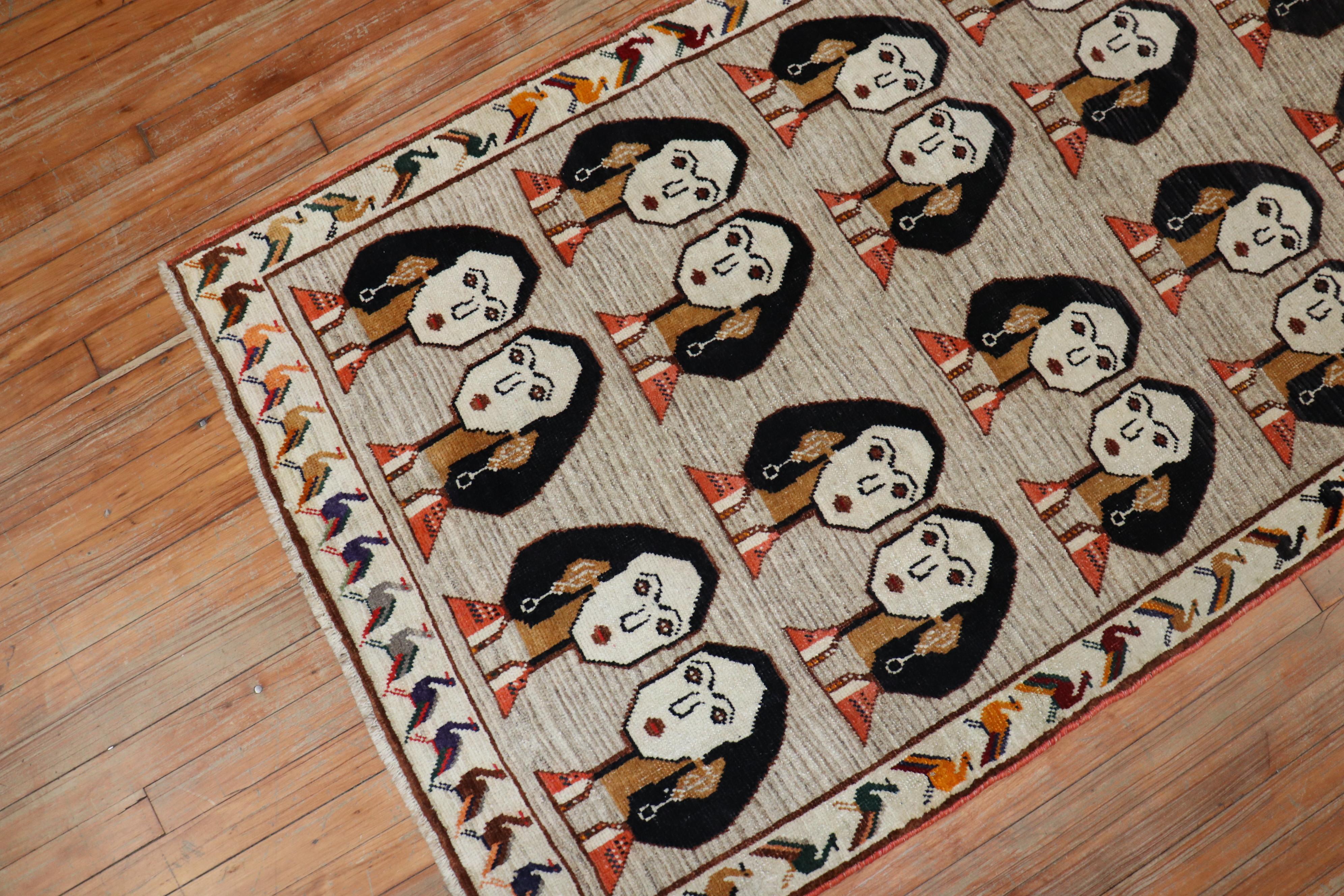 Hand-Knotted Facial Lady Pigeon Border Persian Gabbeh Rug, Late 20th Century