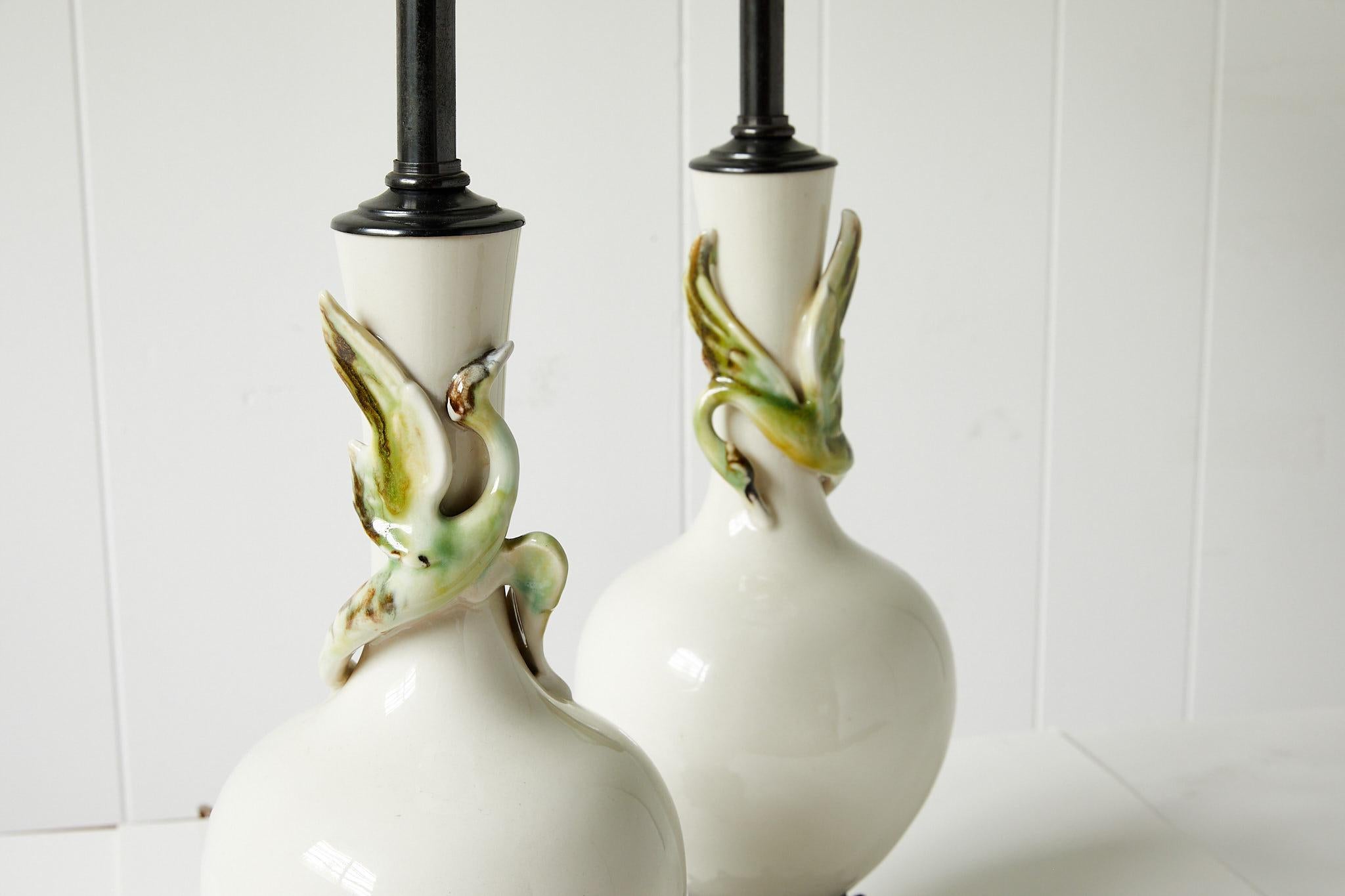 Facing Pair of Art Deco Ceramic Lamps with Birds 6