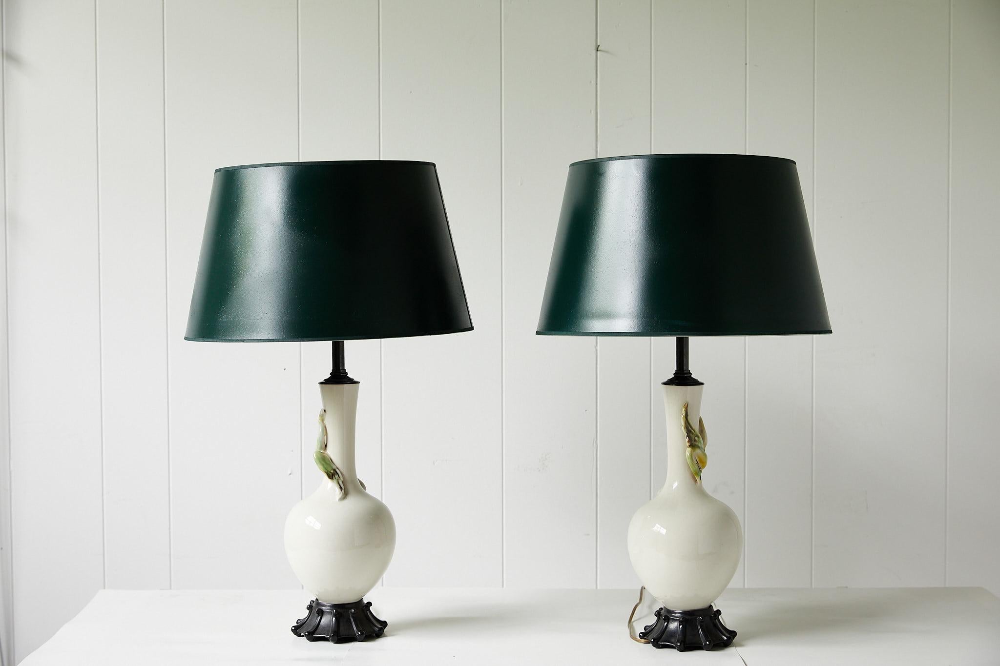 Facing Pair of Art Deco Ceramic Lamps with Birds 9
