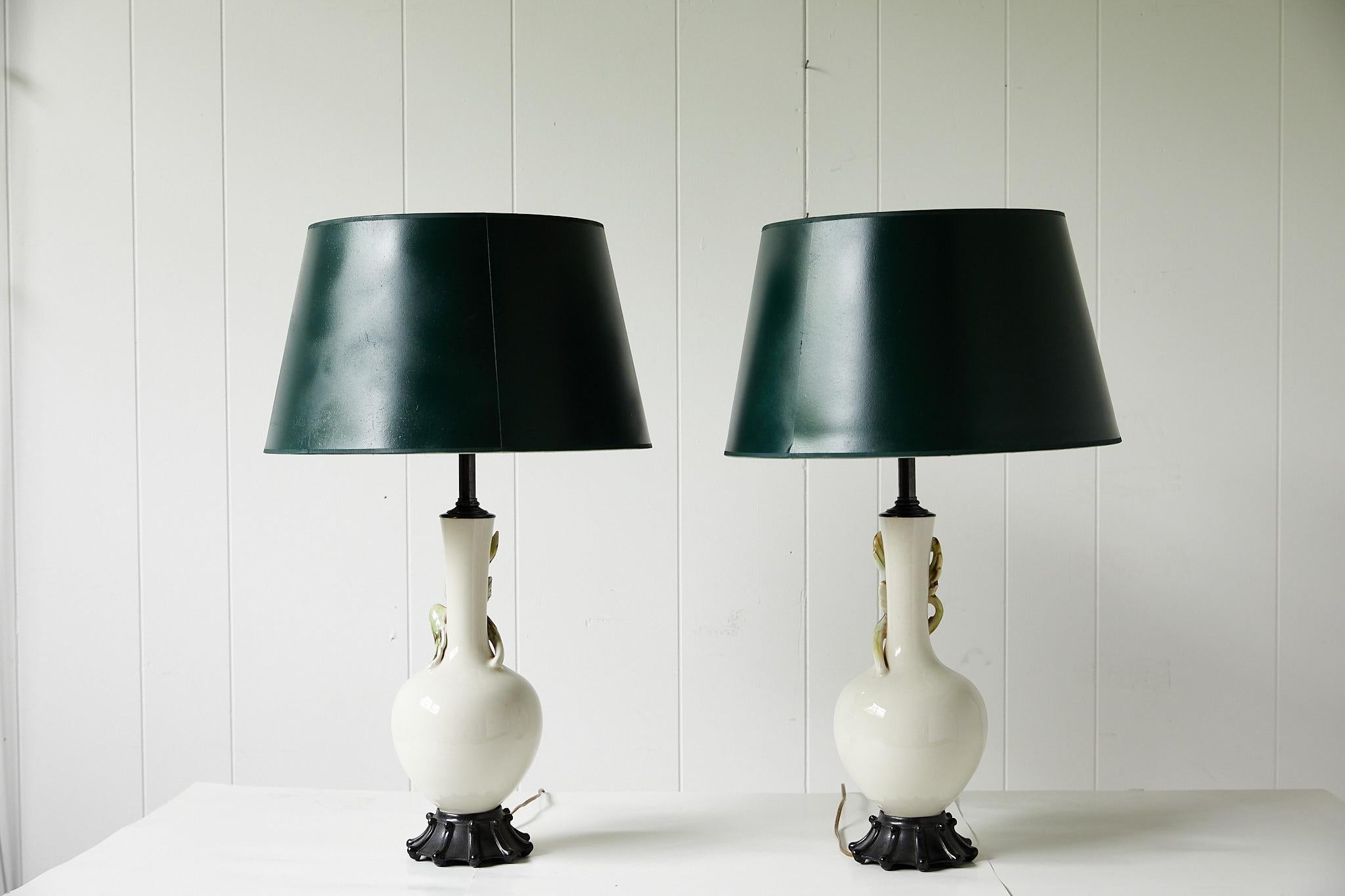 Facing Pair of Art Deco Ceramic Lamps with Birds 10