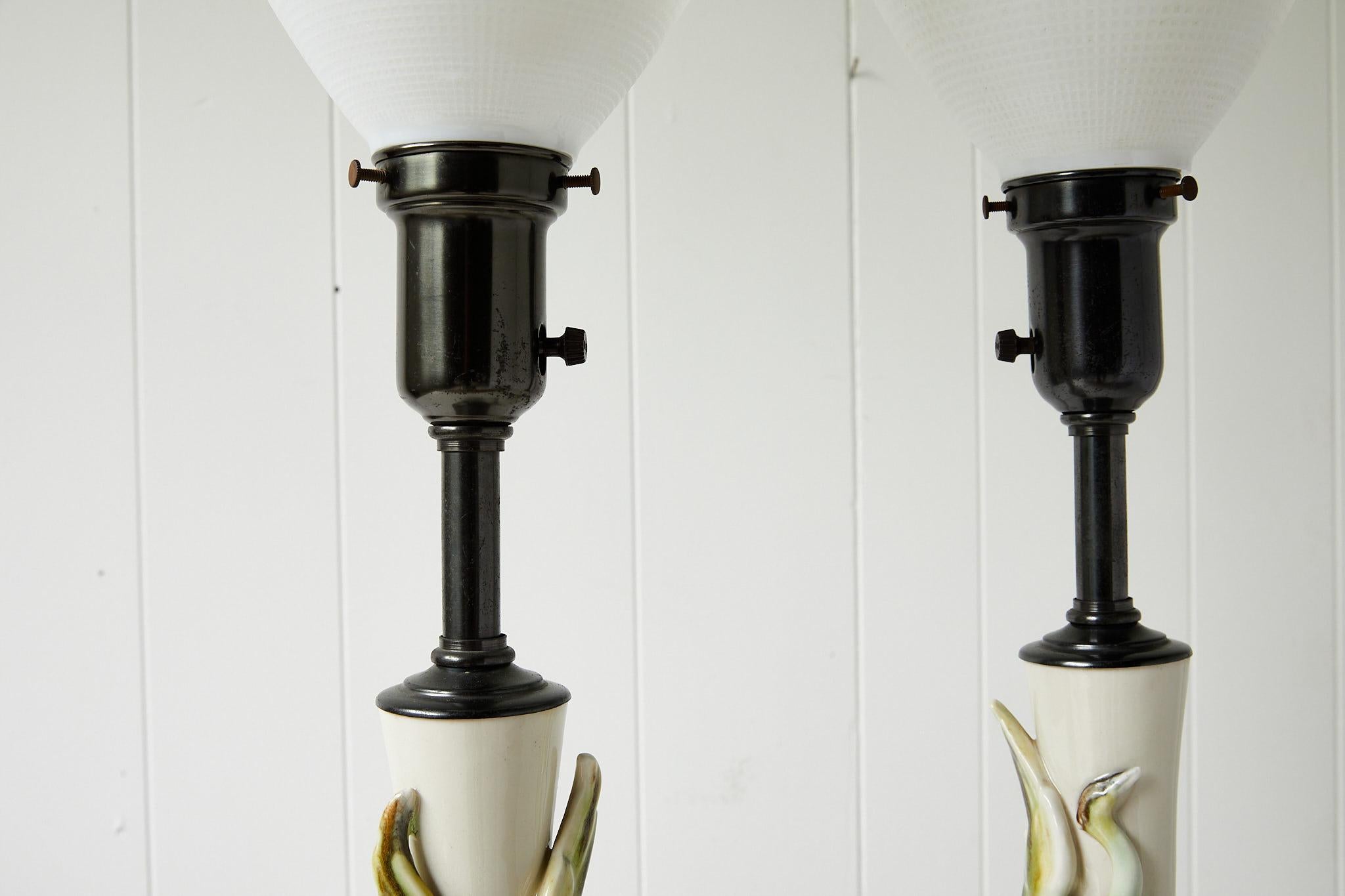 Facing Pair of Art Deco Ceramic Lamps with Birds 3