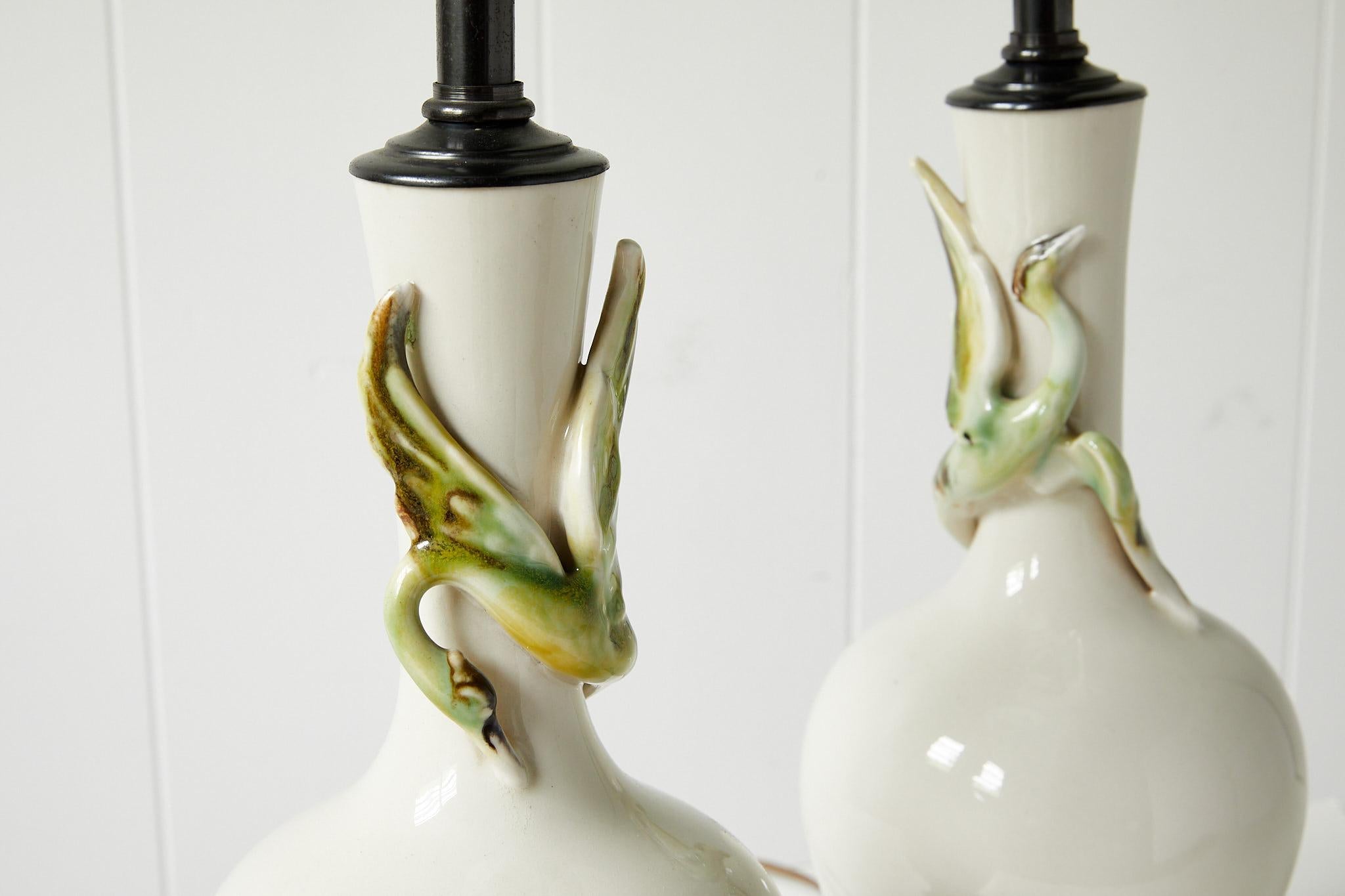 Facing Pair of Art Deco Ceramic Lamps with Birds 4