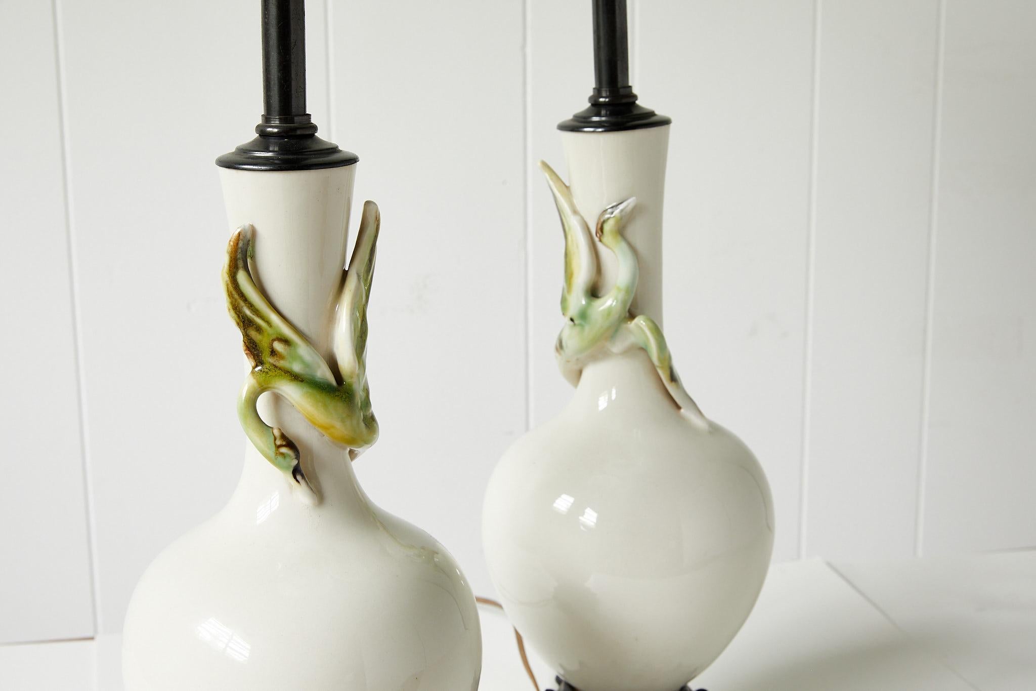 Facing Pair of Art Deco Ceramic Lamps with Birds 5