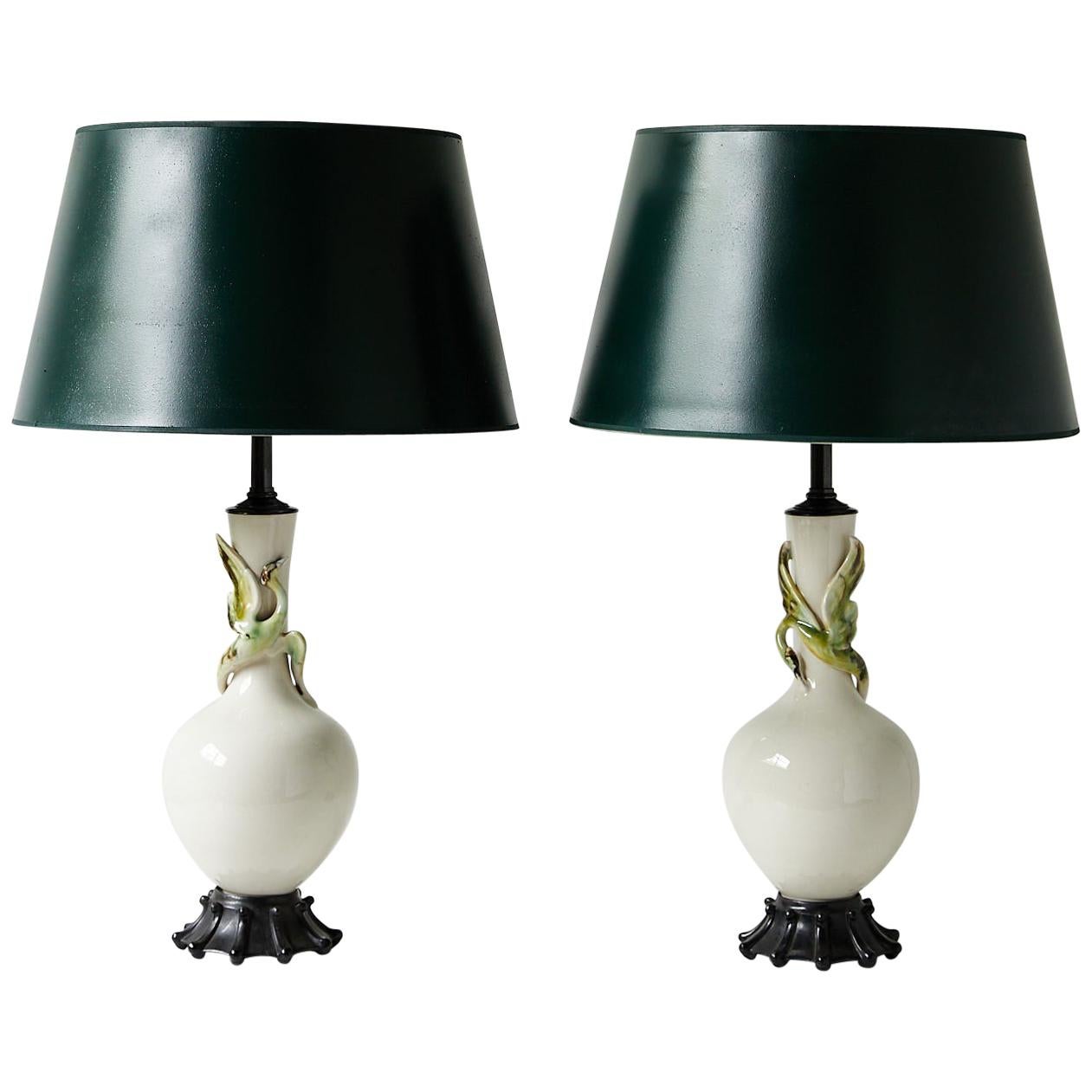 Facing Pair of Art Deco Ceramic Lamps with Birds