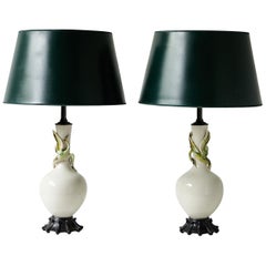 Facing Pair of Art Deco Ceramic Lamps with Birds