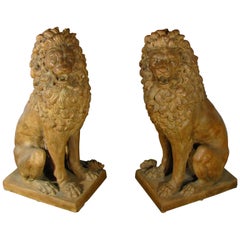Facing Pair of Early 19th Century Tuscan Terracotta Lion Sculptures