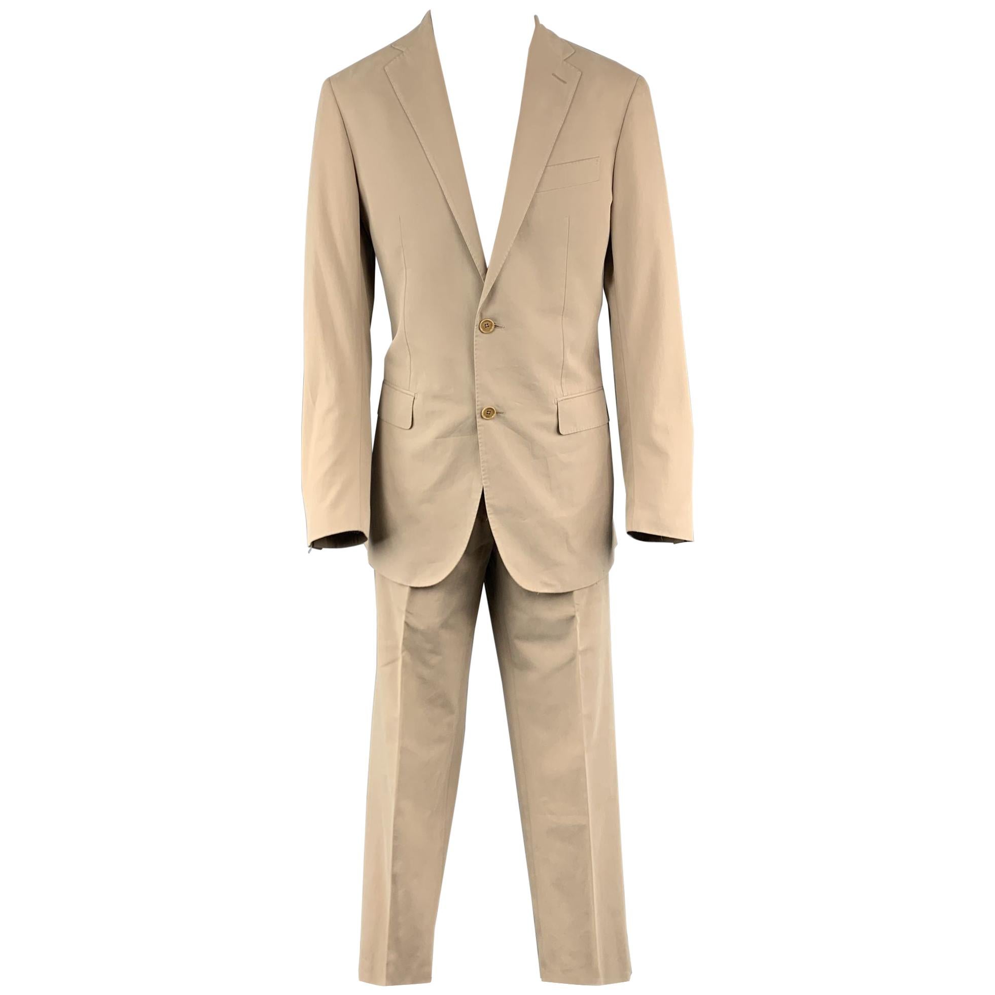 FACONNABLE 40 Long Khaki Solid Cotton 28 32 Notch Lapel Suit