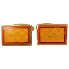 Faconnable Gold Tone Metal Orange Checkered Enamel Vintage Cuff Links