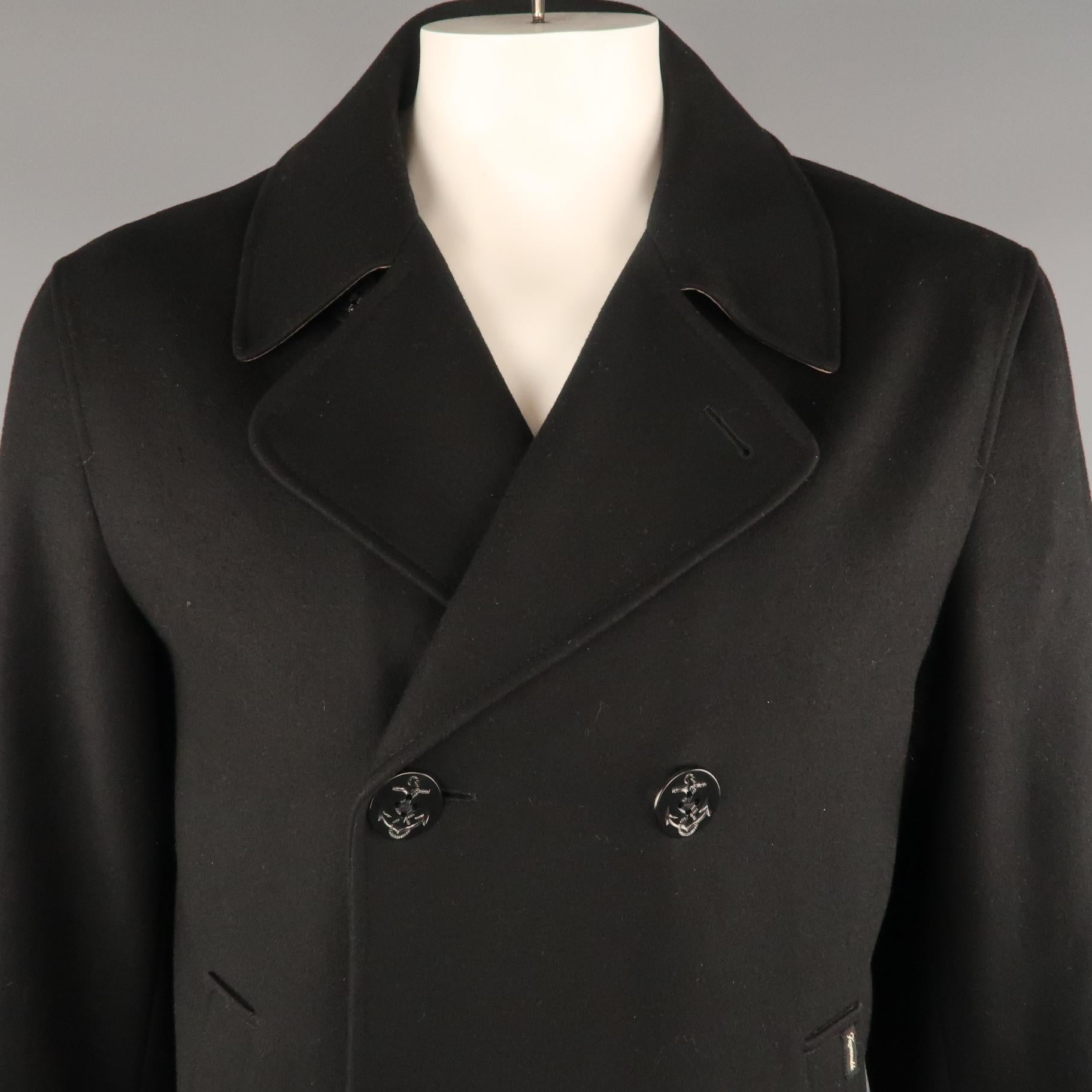 FACONNABLE Peacoat comes in a black tone in a solid wool material, with a notch lapel, double breasted, slit pockets, a quilted lining  and a single vent at back.
 
Excellent Pre-Owned Condition.
Marked: L
 
Measurements:
 
Shoulder: 19 in.
Chest: