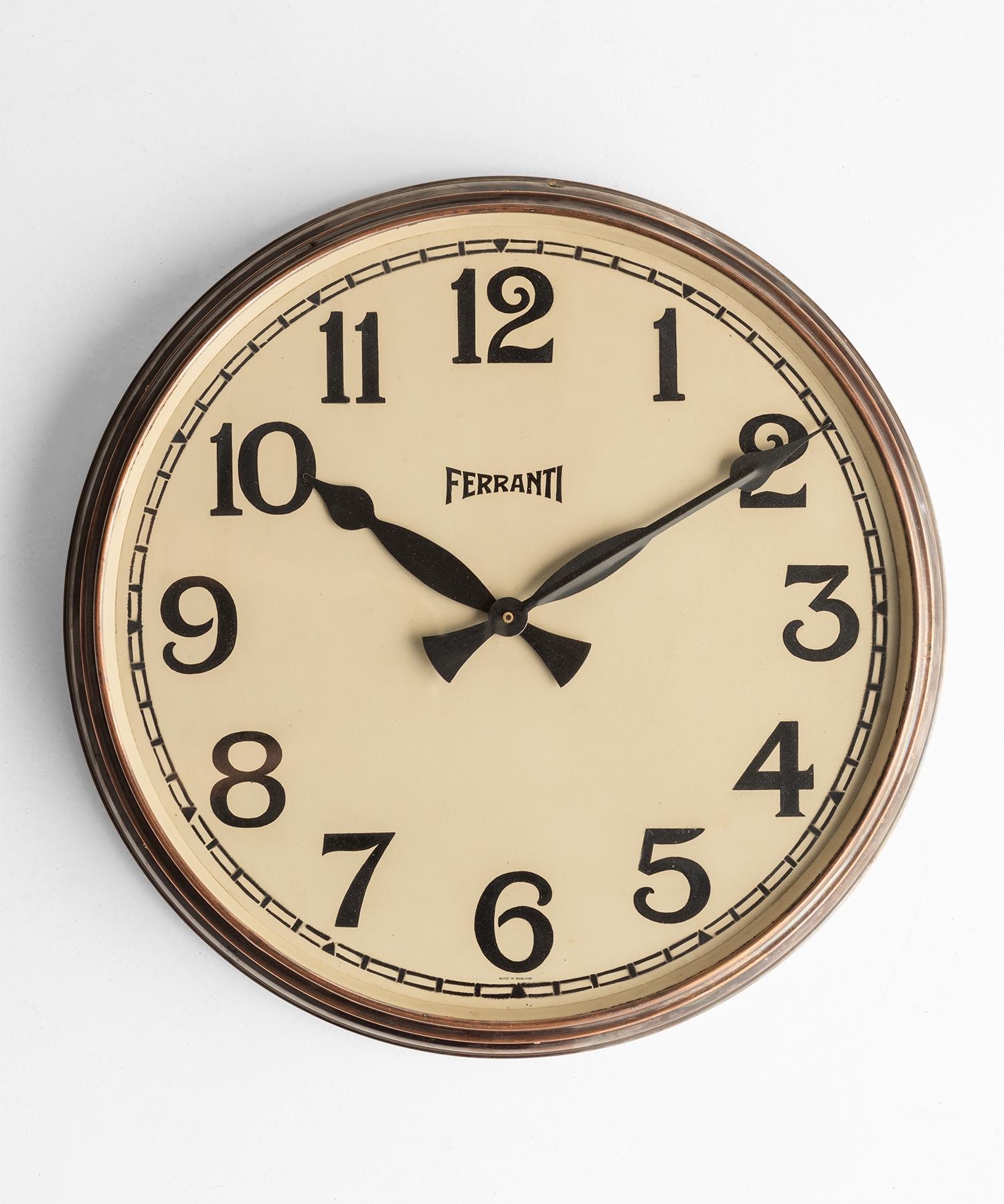 Factory clock by Ferranti, England, circa 1920.

Original hands with hand painted dial in period copper frame. Newly powered by quartz movement.