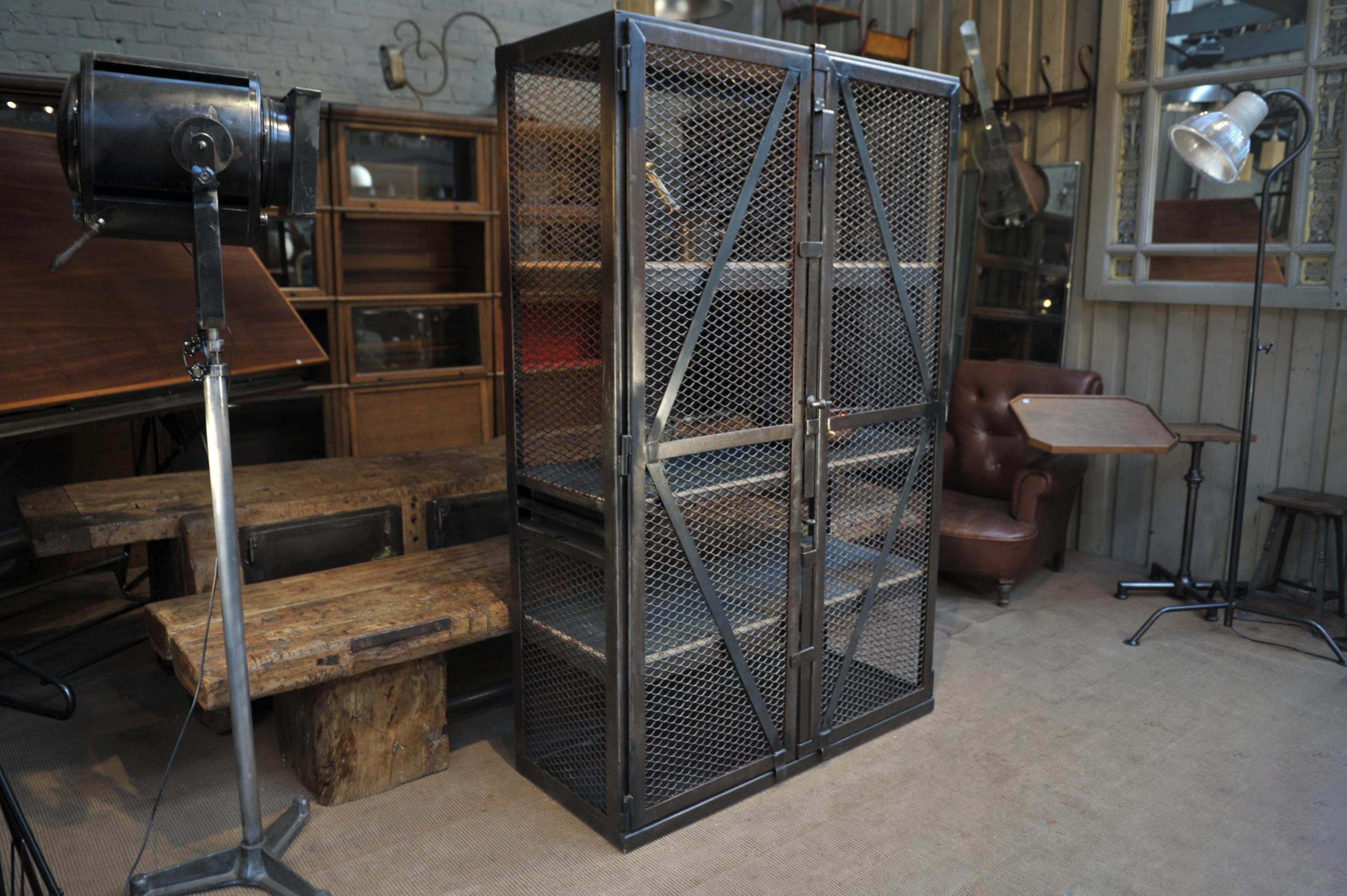 Factory French Industrial Mesh Iron Factory Bookcase Cabinet, Circa 1950 For Sale 2