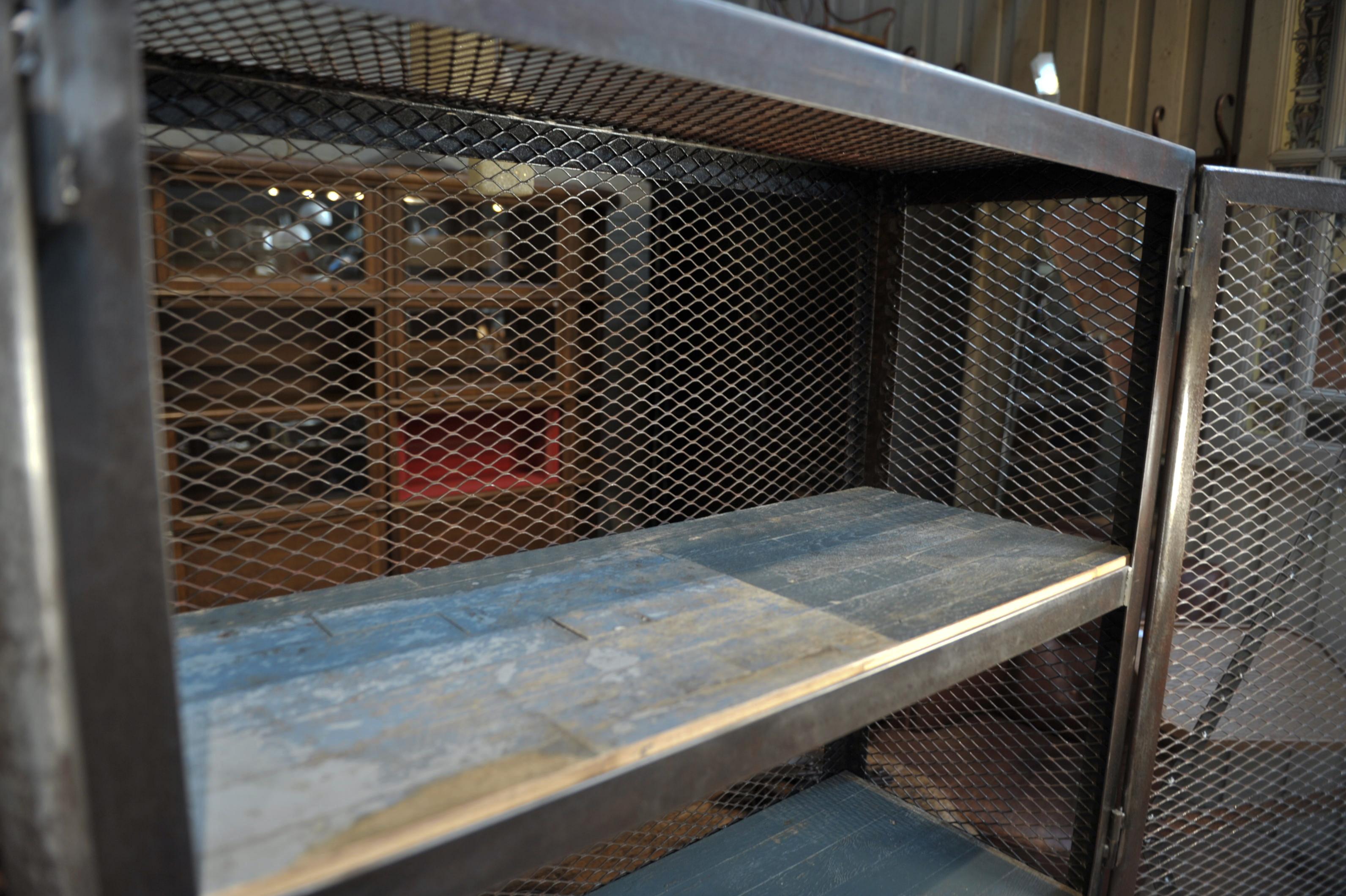 Factory French Industrial Mesh Iron Factory Bookcase Cabinet, Circa 1950 For Sale 7