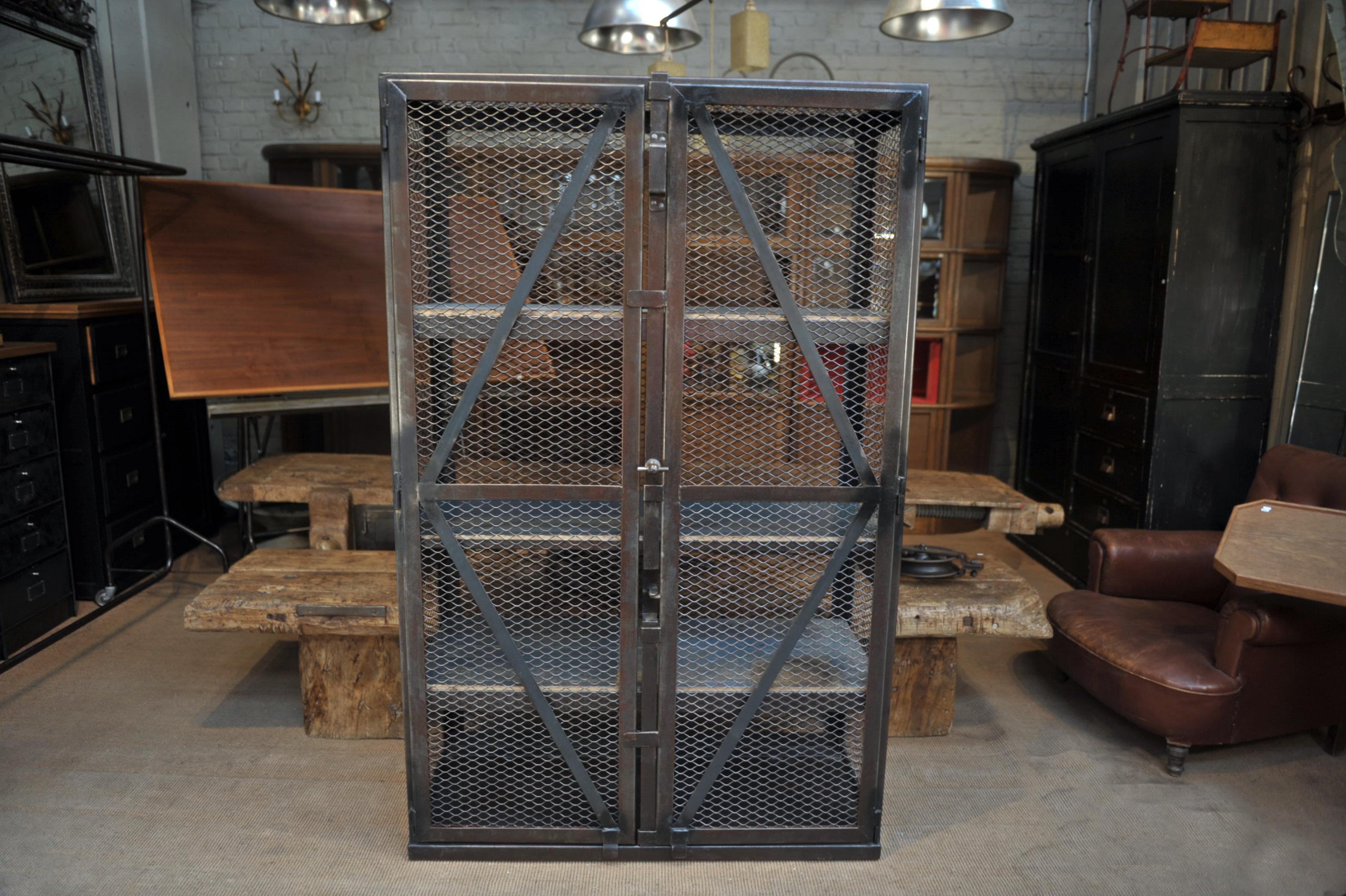 Factory French Industrial Mesh Iron Factory Bookcase Cabinet, Circa 1950 For Sale 8