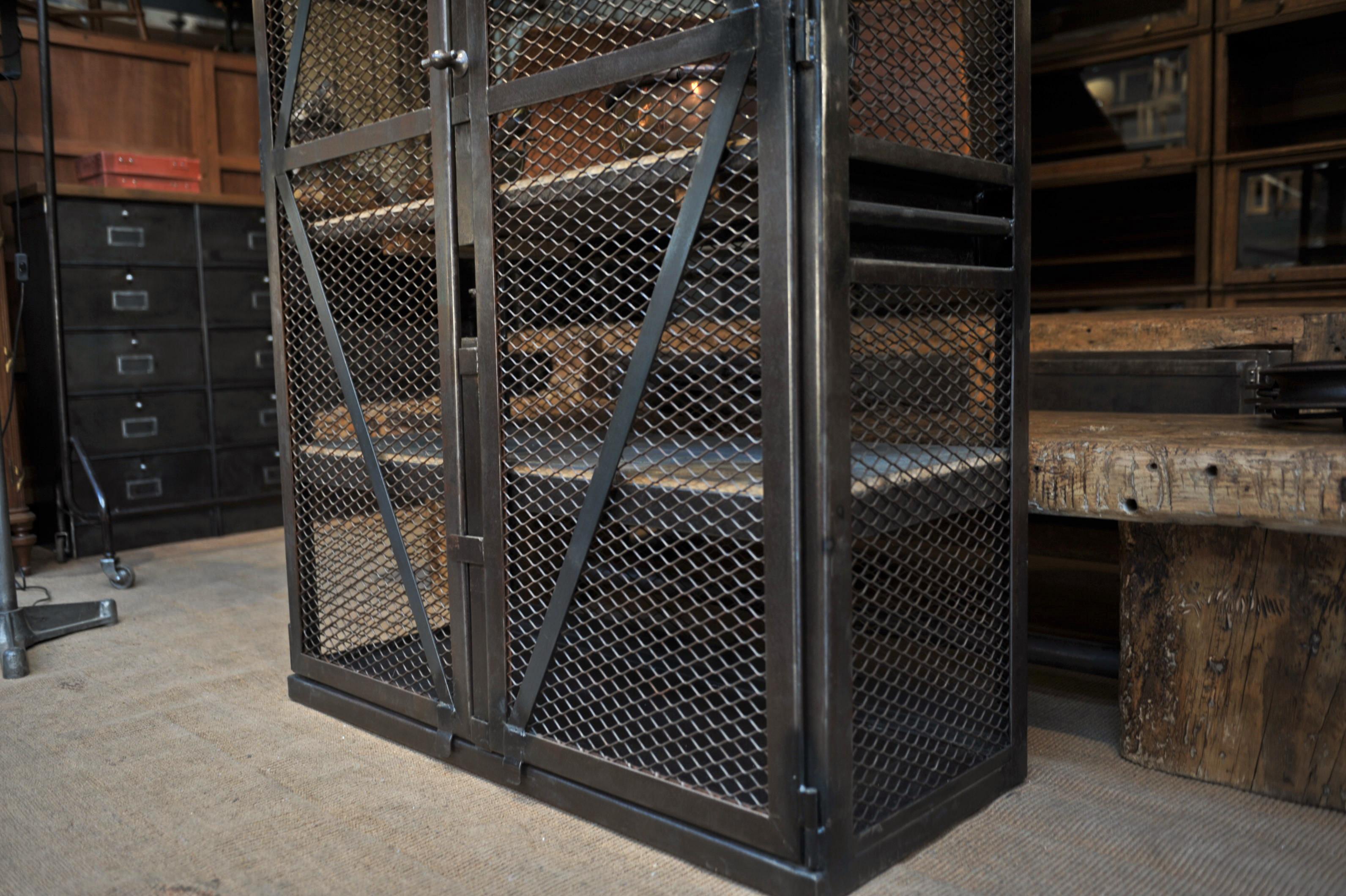 European Factory French Industrial Mesh Iron Factory Bookcase Cabinet, Circa 1950 For Sale
