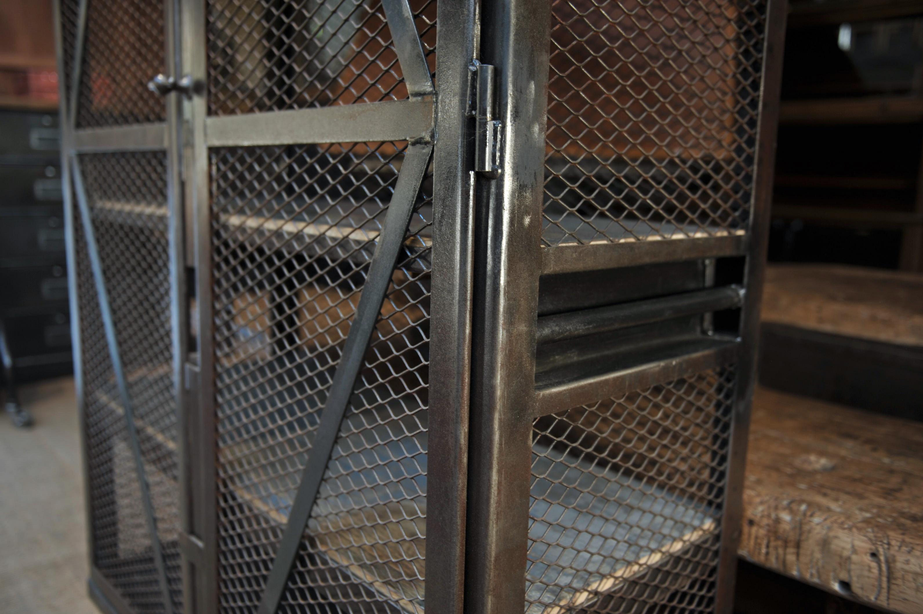 Mid-20th Century Factory French Industrial Mesh Iron Factory Bookcase Cabinet, Circa 1950 For Sale
