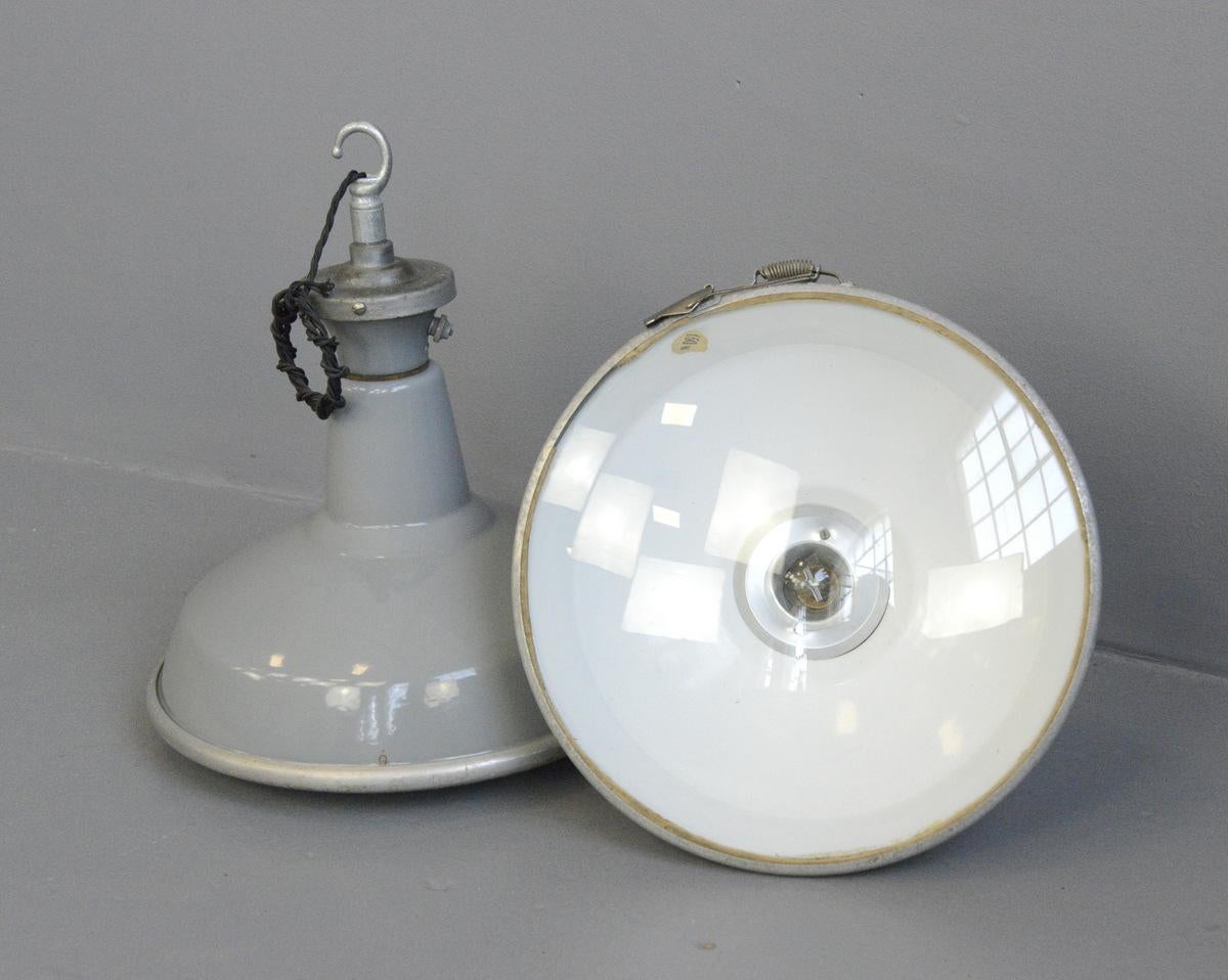 Enamel Factory Lights with Convex Glass Diffusers by Benjamin