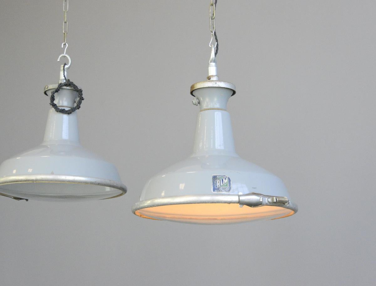 Factory lights with convex glass diffusers by Benjamin

- Price is per light
- Vitreous grey enamel with white enamel reflectors
- Convex glass diffusers
- Takes B22 fitting bulbs
- Comes with 100cm of cable, chain and ceiling hook
- English,