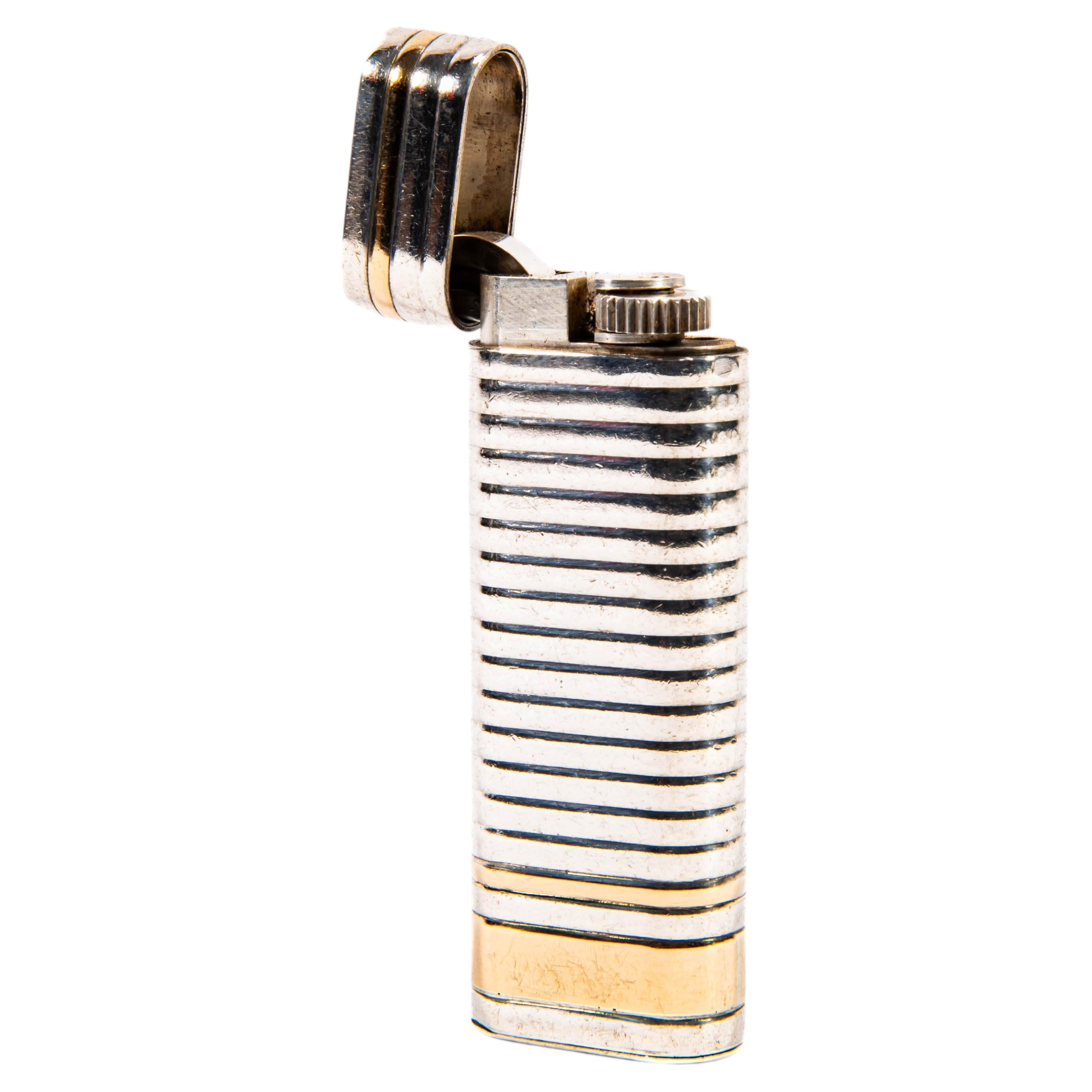 Factory Solid Silver and 18k Gold Cartier Les Must Lighter in Box 1970s For Sale