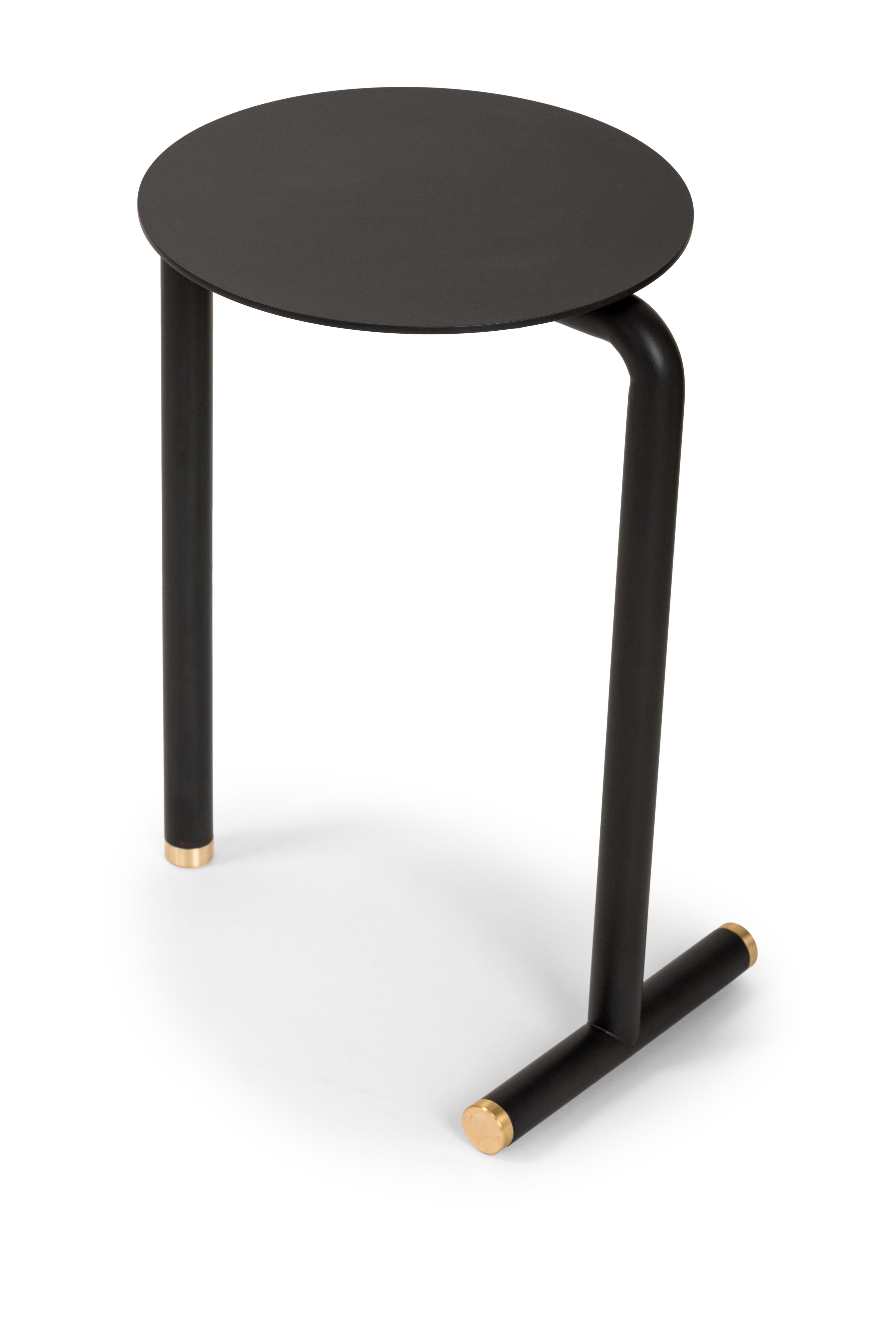 Factory stool by Mingardo
Dimensions: D34 x W32x H46 cm 
Materials: RAL 9005 black varnished iron structure and satin natural brass details
Weight: 7 kg

Also available in different finishes. 

The finesse of the artisan is met with the