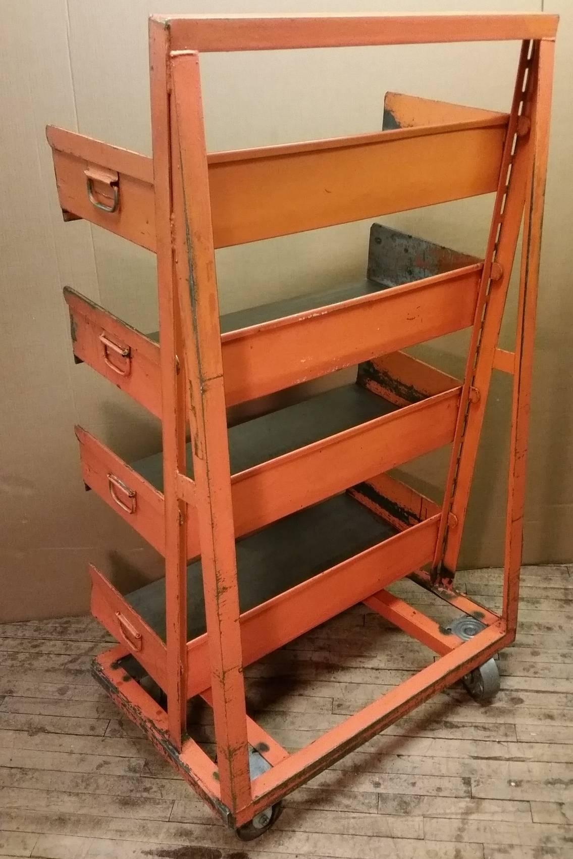 North American Factory Storage Bookcase Bookshelf Cart, Orange Steel A-Frame on Wheels; 7 avail
