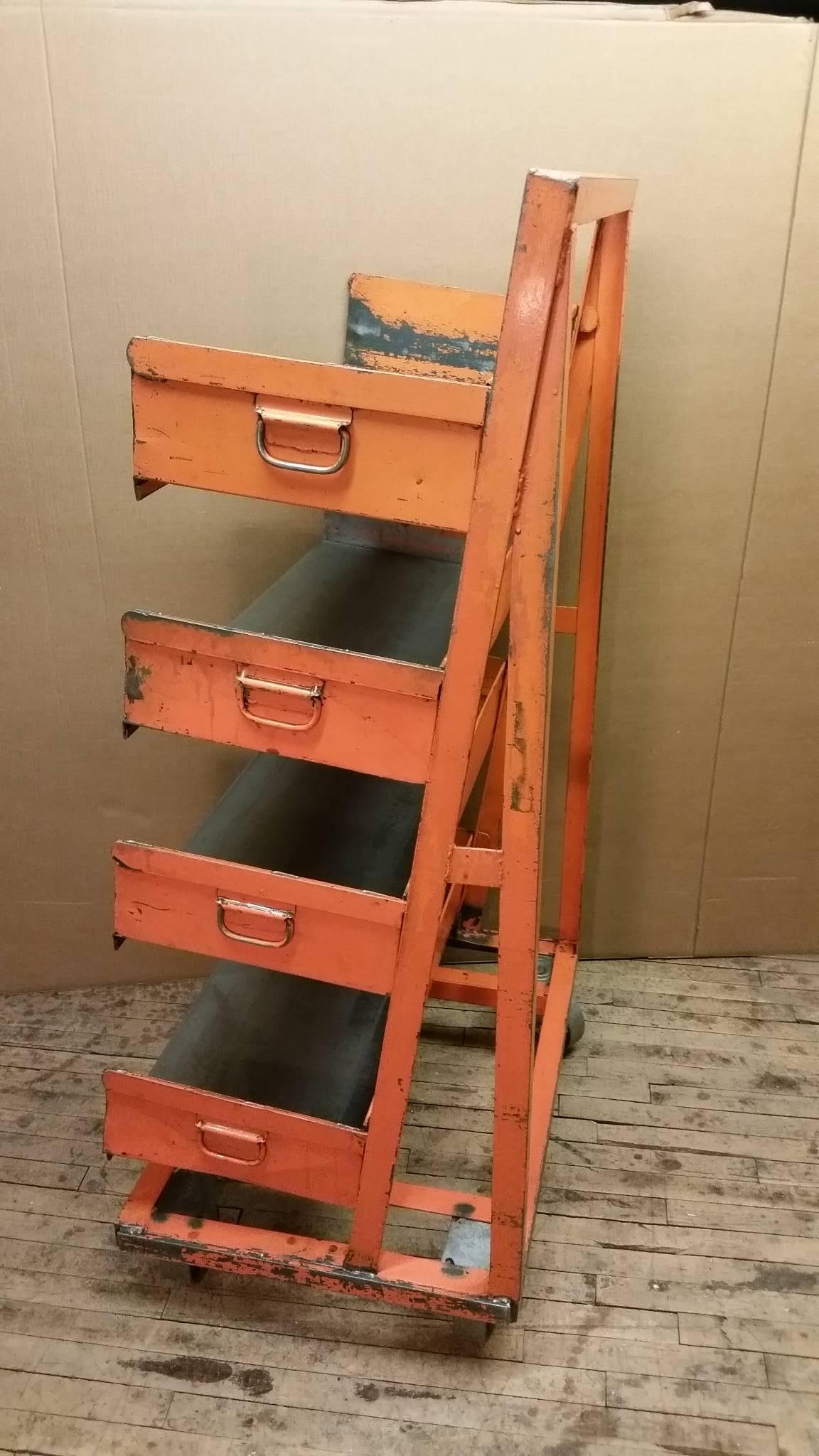 Factory Storage Bookcase Bookshelf Cart, Orange Steel A-Frame on Wheels; 7 avail In Good Condition In Madison, WI