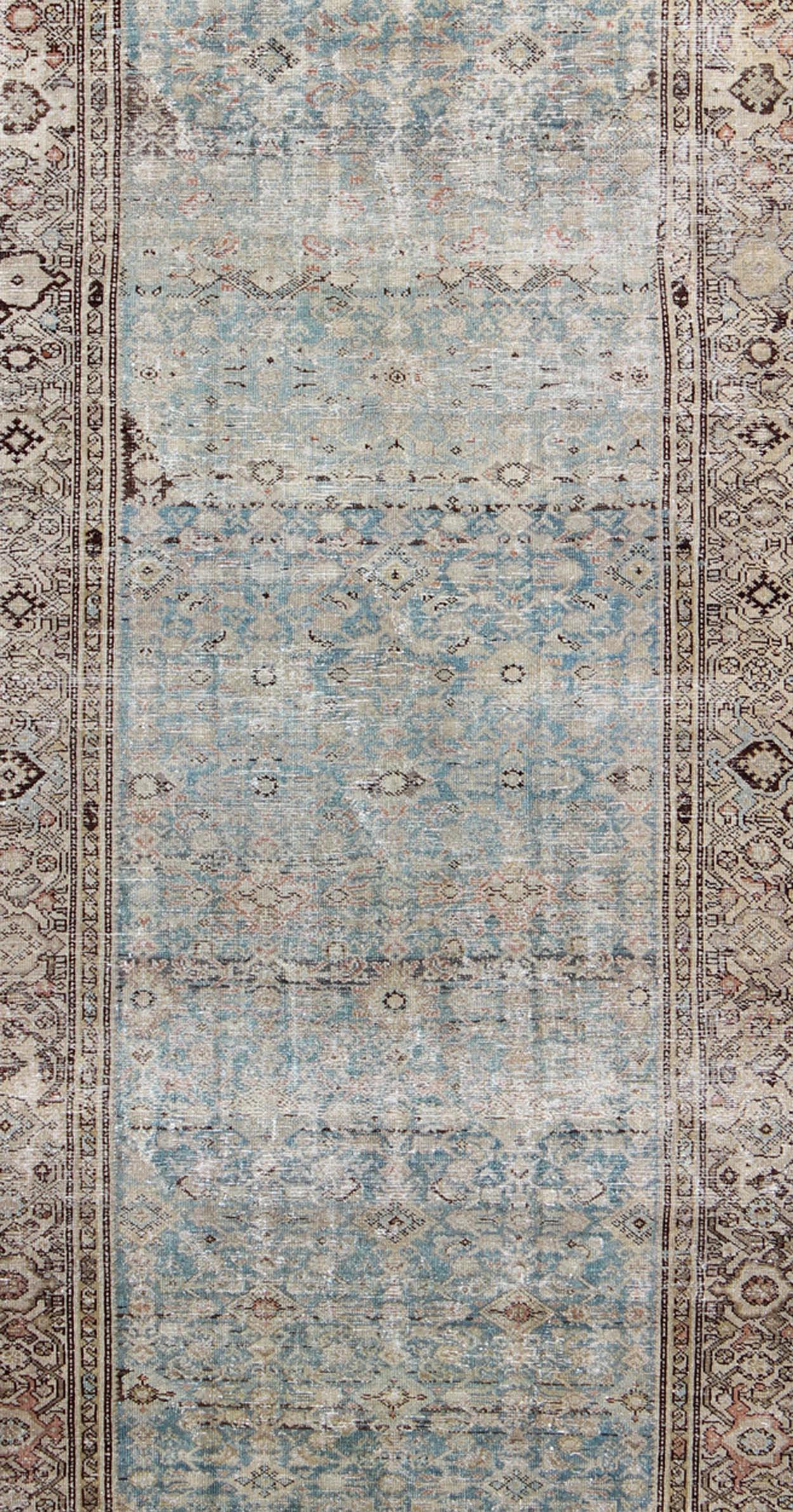 Alfombra antigua persa Malayer Gallery con diseño integral en azul y topo Persa