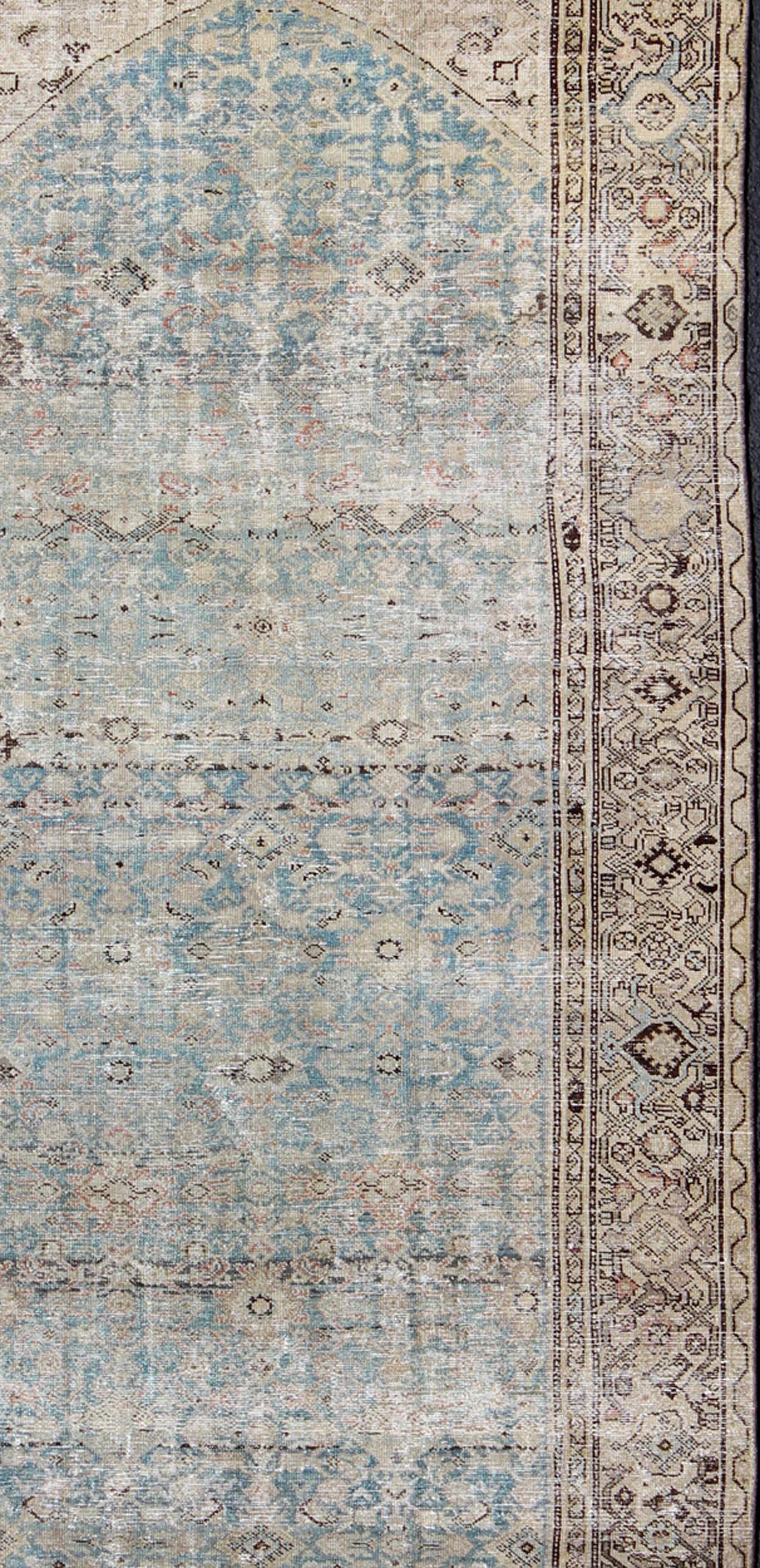 Alfombra antigua persa Malayer Gallery con diseño integral en azul y topo Anudado a mano