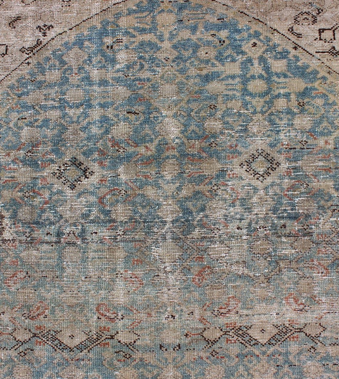 Alfombra antigua persa Malayer Gallery con diseño integral en azul y topo Lana
