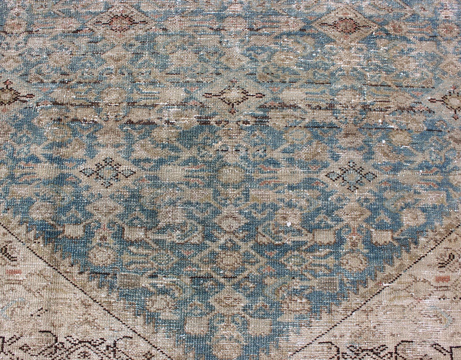 Alfombra antigua persa Malayer Gallery con diseño integral en azul y topo 1