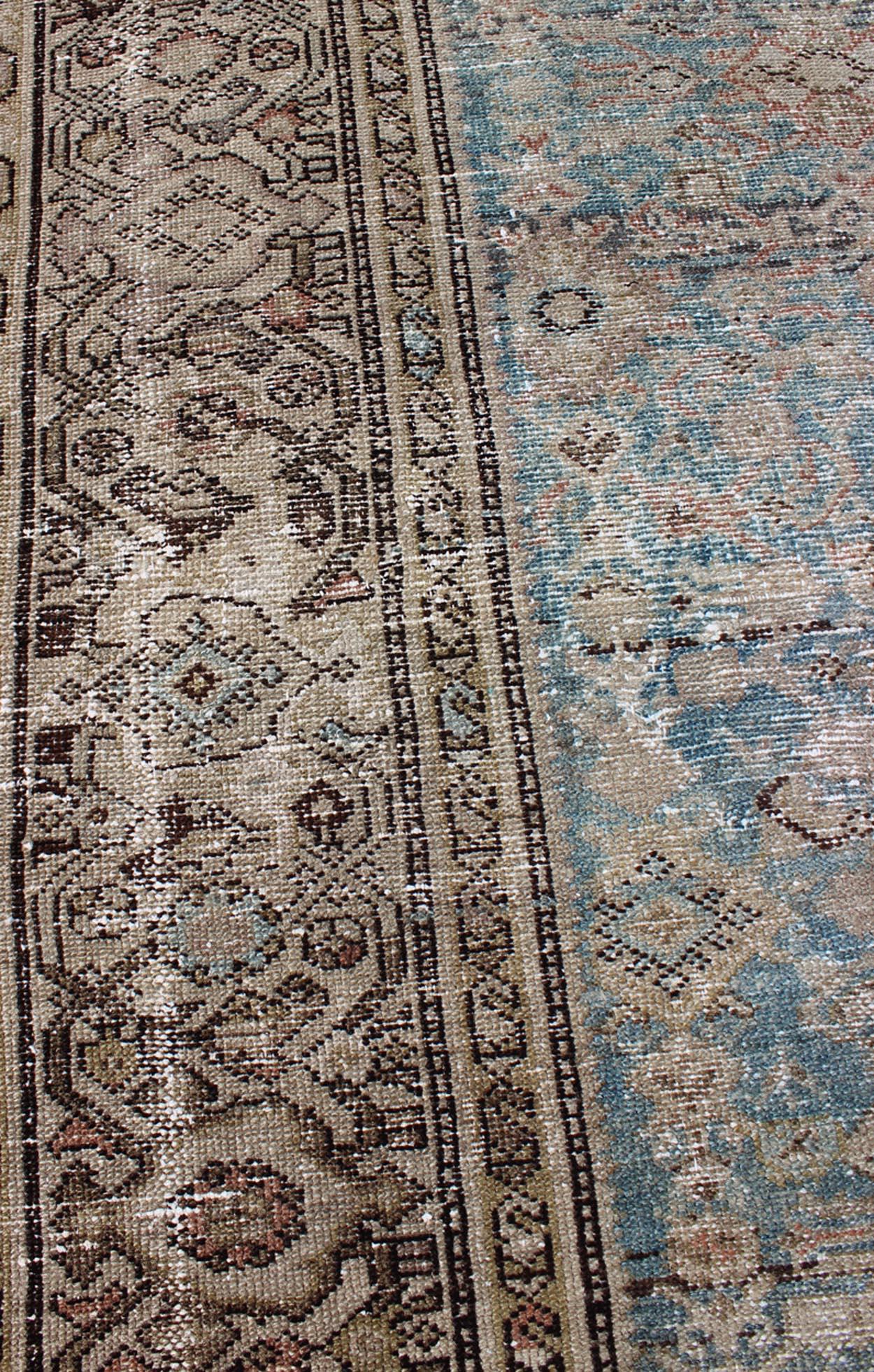 Alfombra antigua persa Malayer Gallery con diseño integral en azul y topo 2