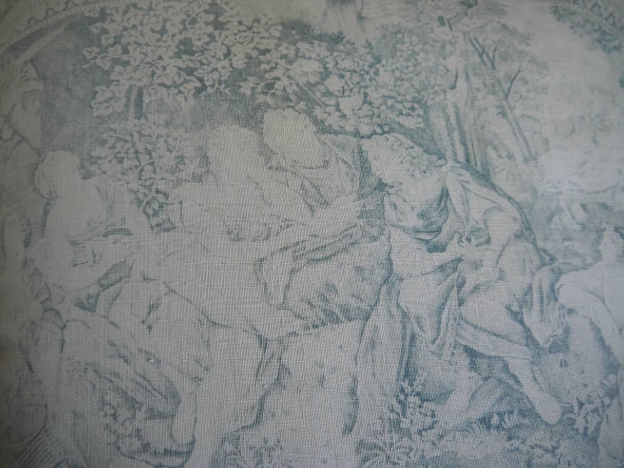 French Provincial Faded Blue Toile de Jouy Linen Pillow Antique French