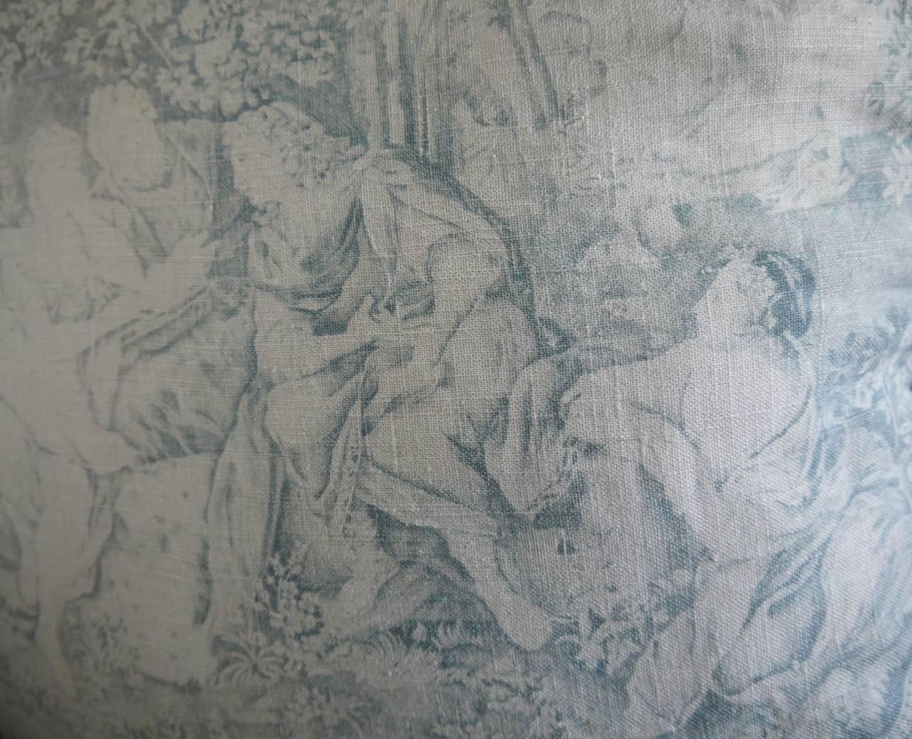 Faded Blue Toile de Jouy Linen Pillow Antique French In Good Condition In London, GB
