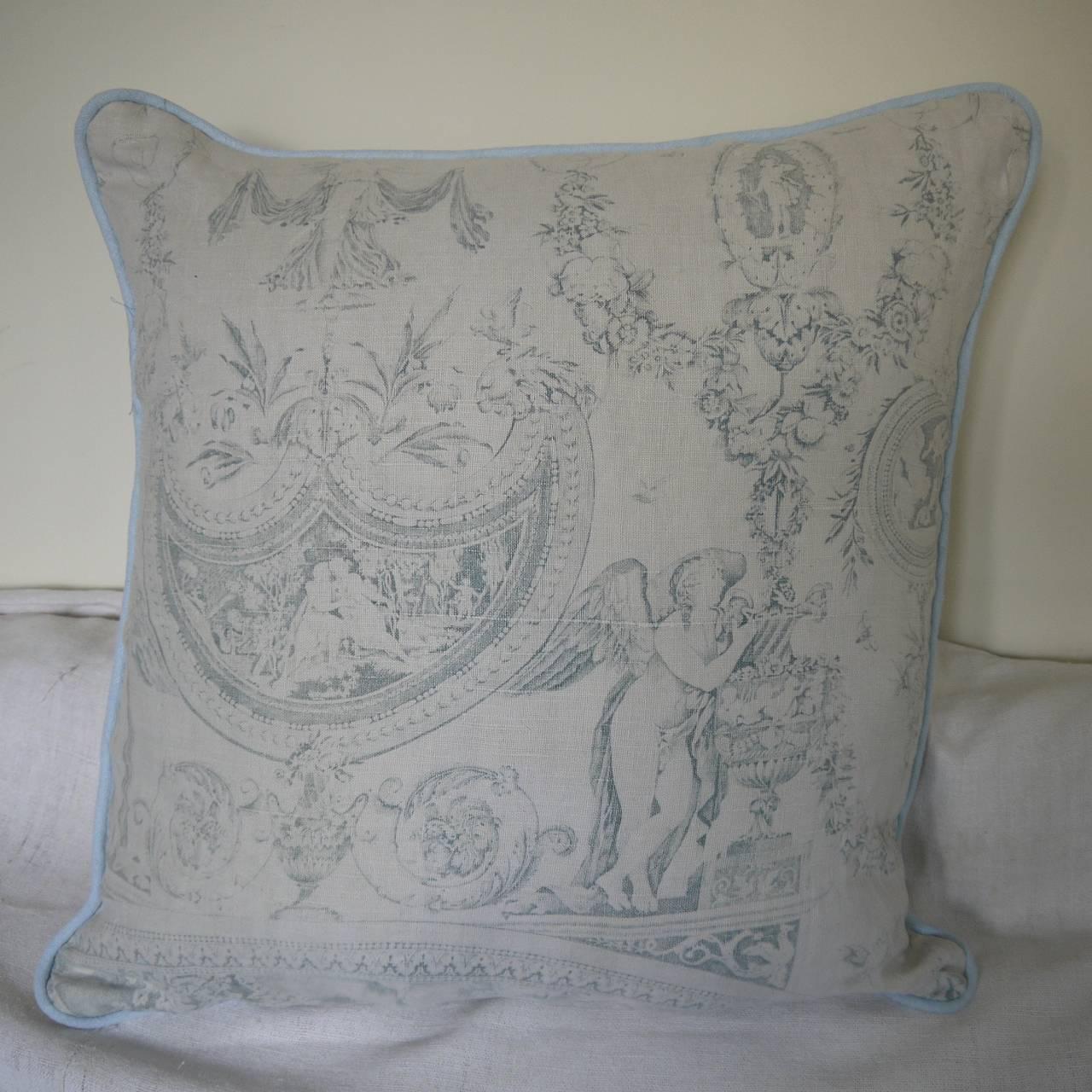 19th Century Faded Blue Toile de Jouy Linen Pillow Antique French