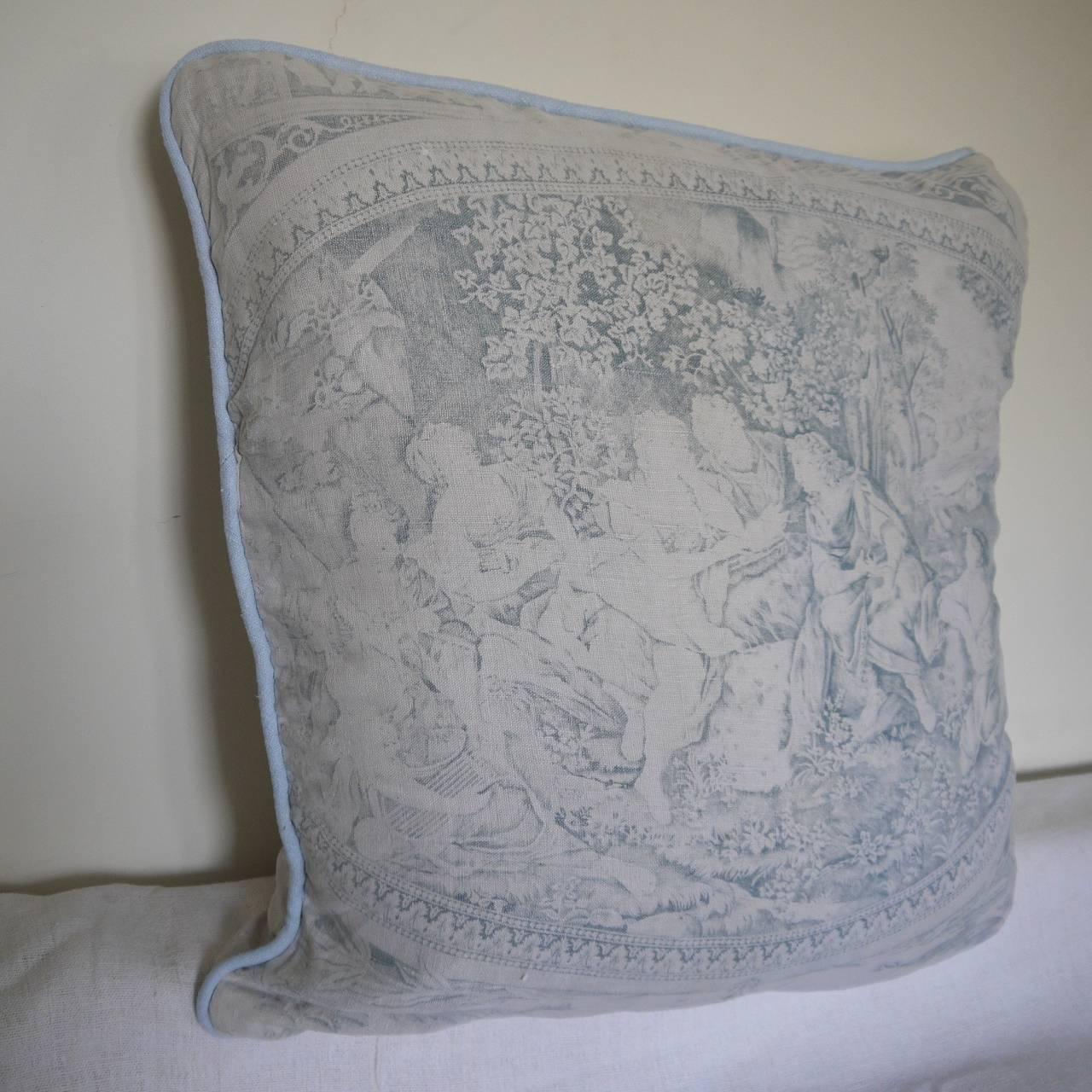 Faded Blue Toile de Jouy Linen Pillow Antique French 4