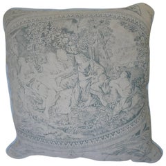 Faded Blue Toile de Jouy Linen Pillow Antique French