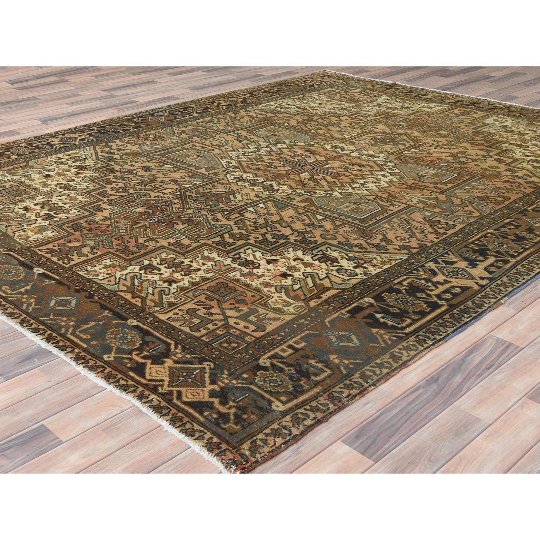 Hand-Knotted Faded Brown Distressed Feel Worn Wool Hand Knotted Vintage Persian Heriz Rug