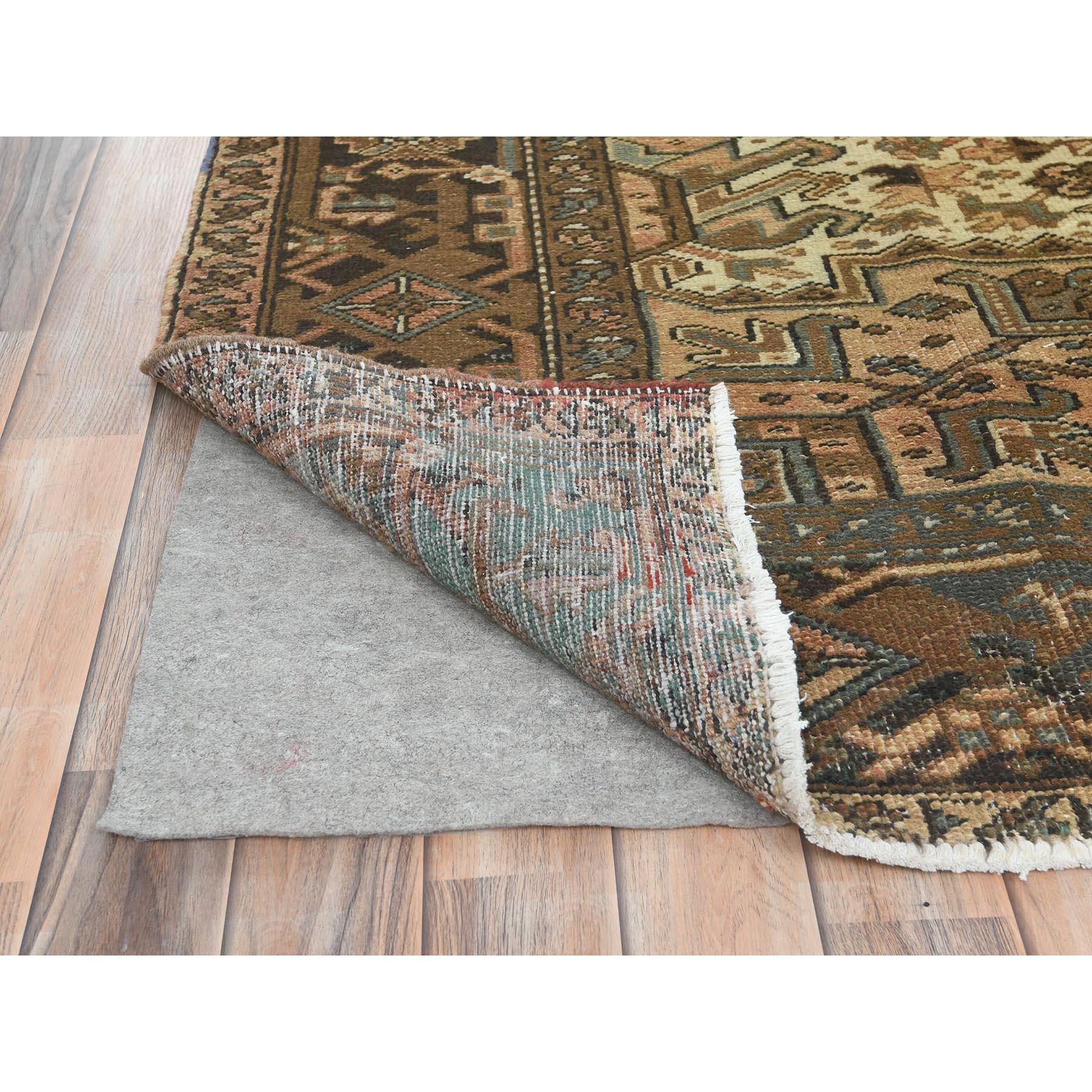 Faded Brown Distressed Feel Worn Wool Hand Knotted Vintage Persian Heriz Rug In Good Condition In Carlstadt, NJ