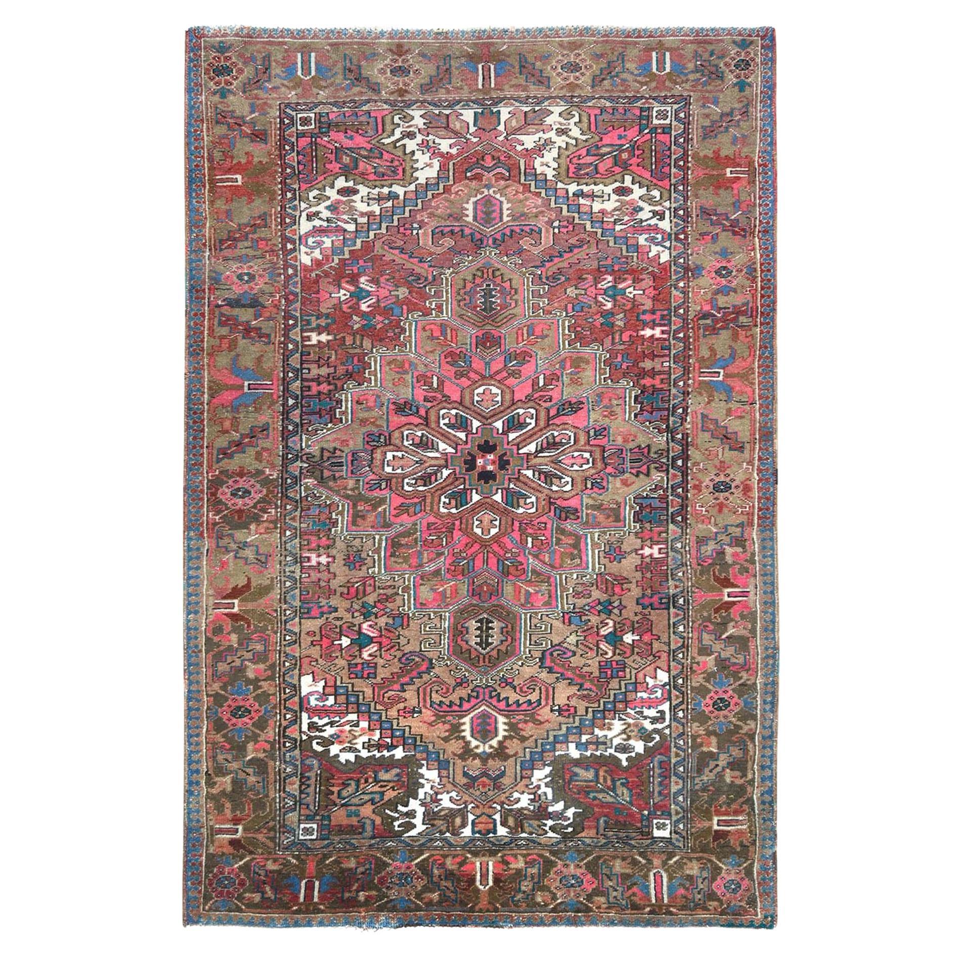 Faded Brown with a Mix of Pink Vintage Persian Heriz Worn Wool Hand Knotted Rug For Sale